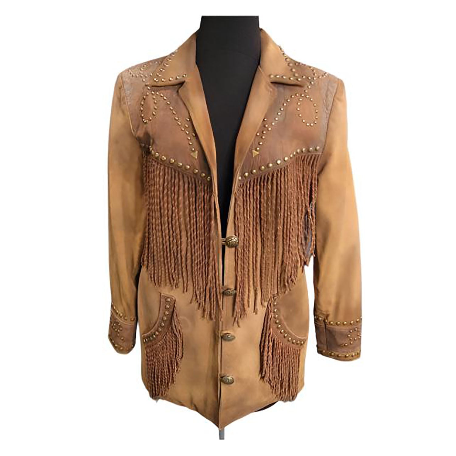 Cowgirl Tone Brown Leather Twisted Fringe Stud Jacket front view