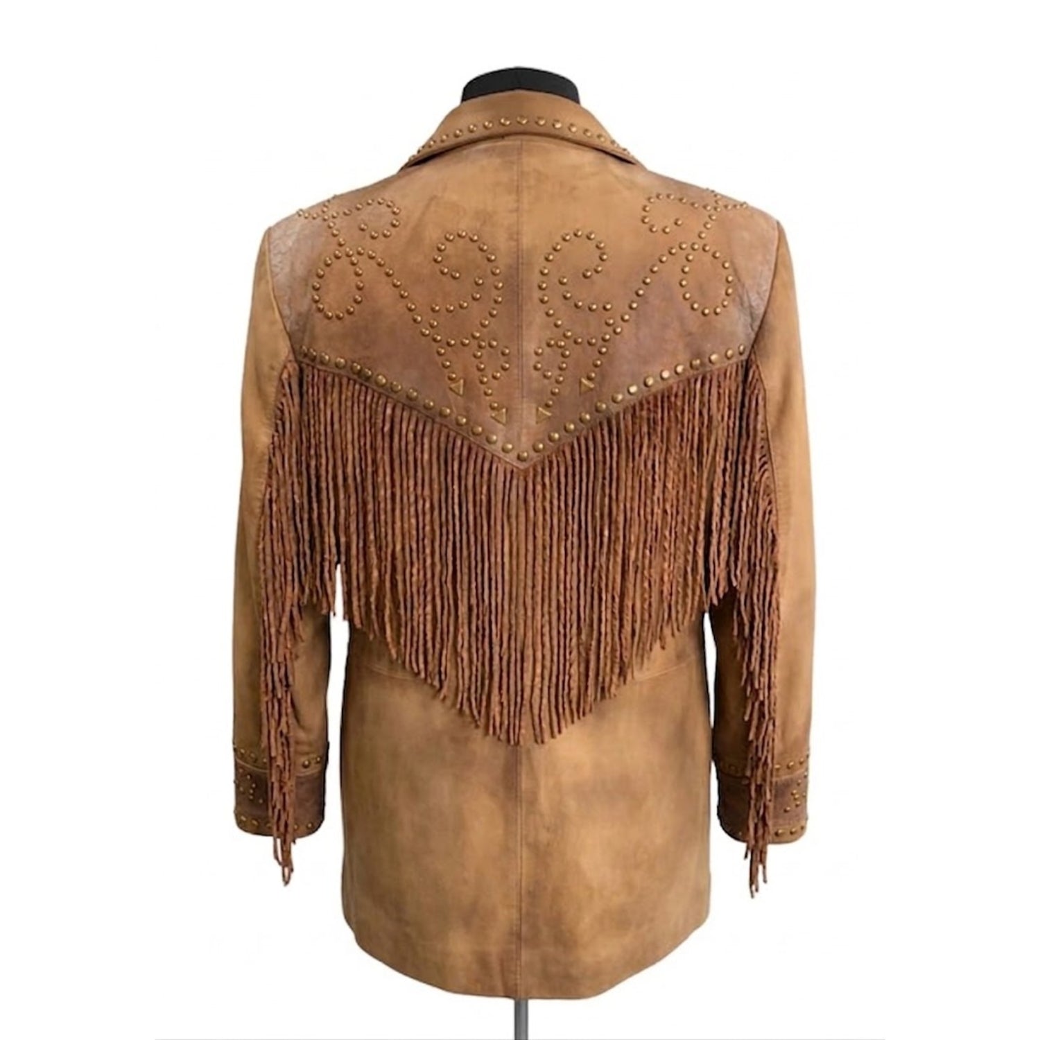 Cowgirl Tone Brown Leather Twisted Fringe Stud Jacket side view