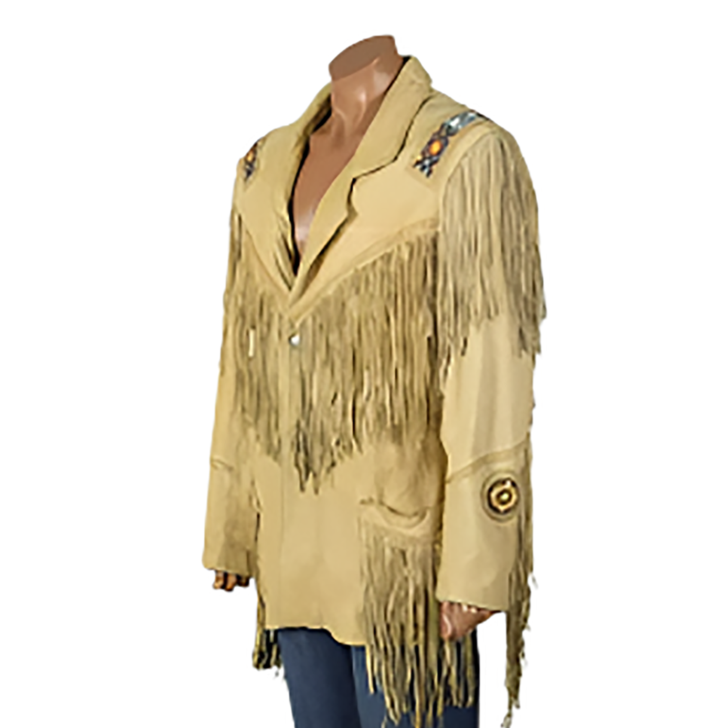 Cowgirl Beige Leather Fringes Beaded Jacket front view