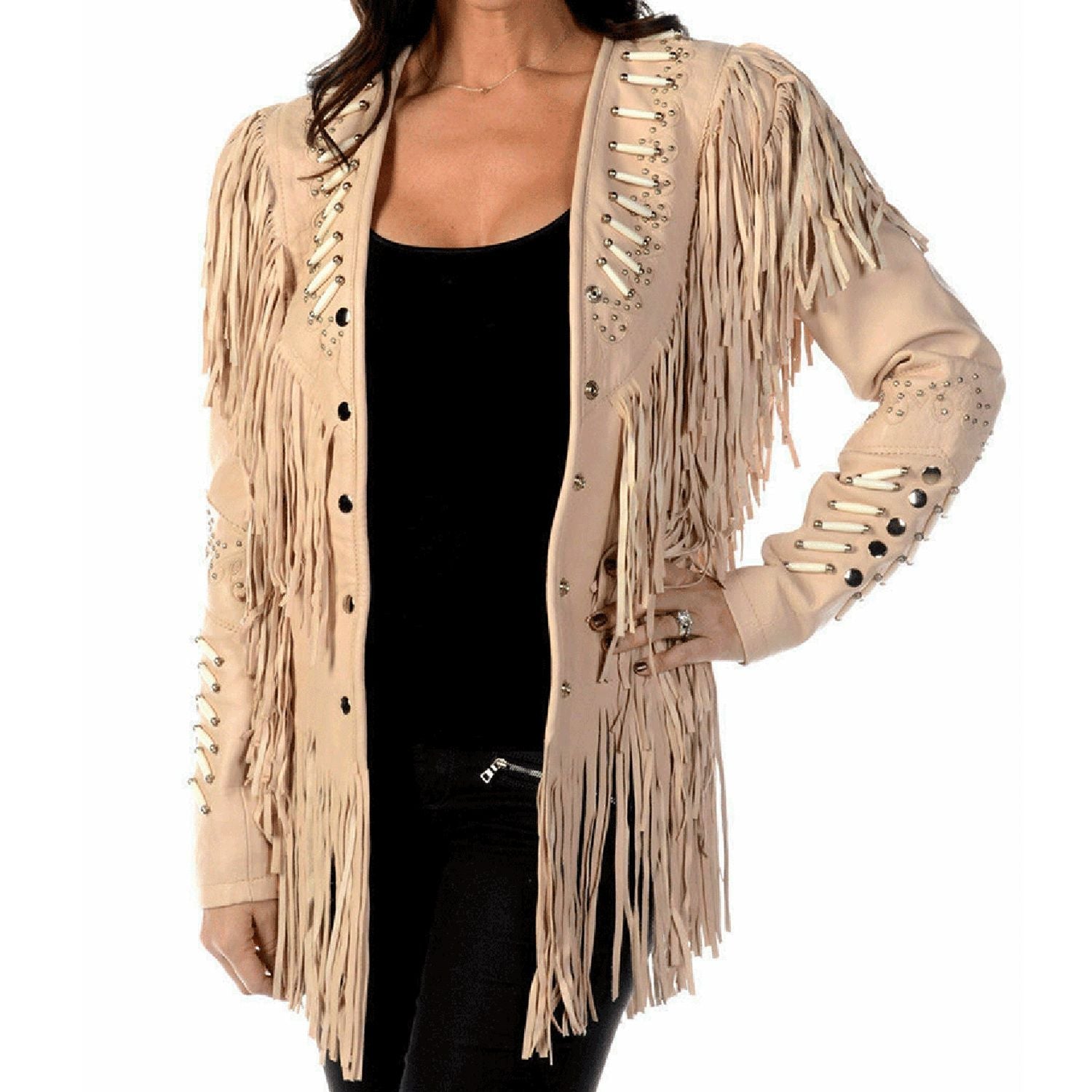 Cowgirl Beige Leather Fringes Bone & Silver Stud Jacket Coat front view