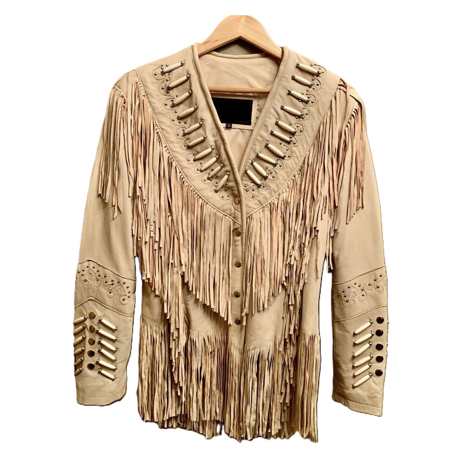 Cowgirl Beige Leather Fringes Bone Work Jacket front view