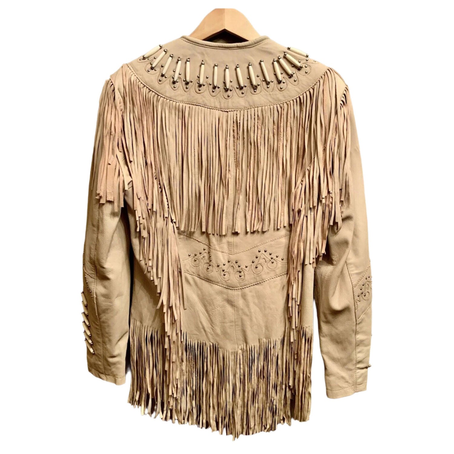 Cowgirl Beige Leather Fringes Bone Work Jacket side view