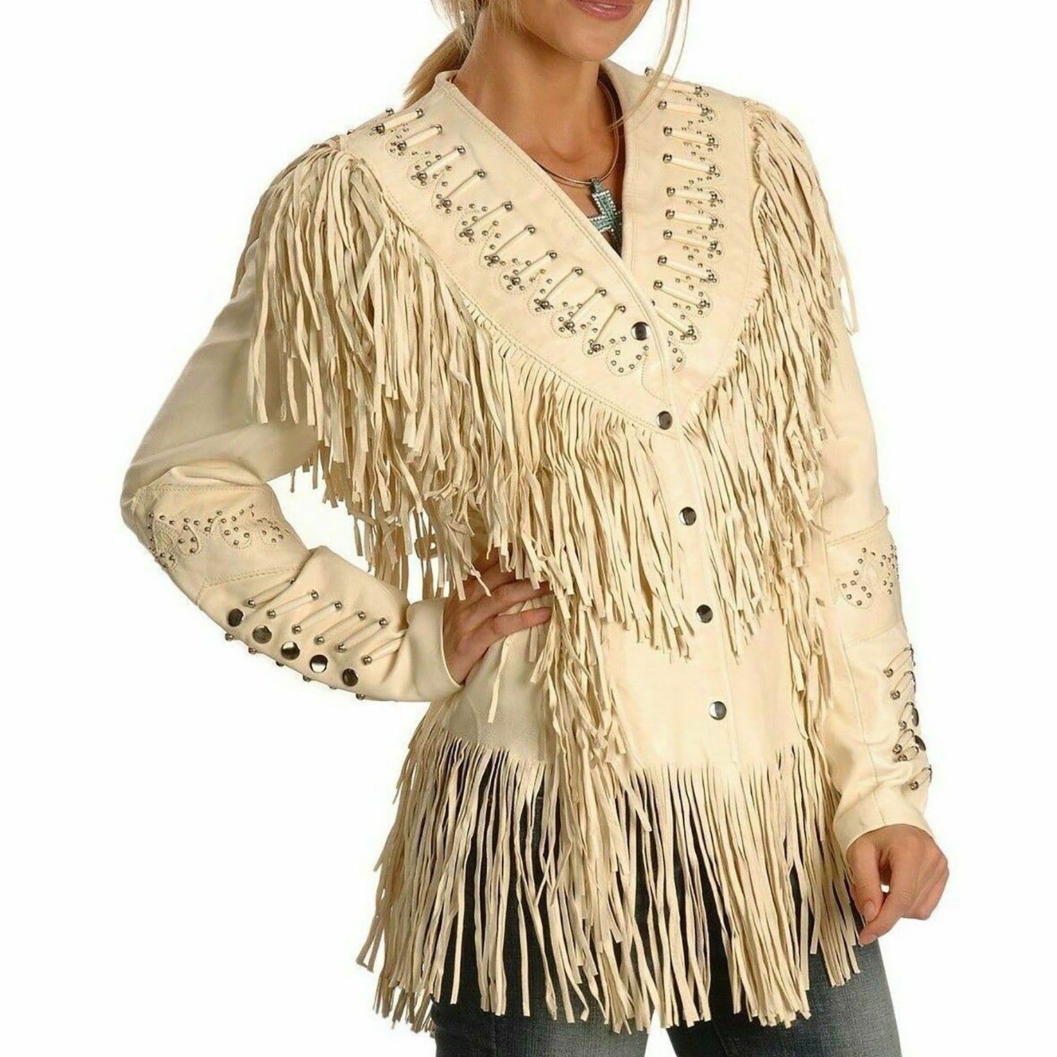 Cowgirl Beige Leather Fringes Bone work Jacket front view