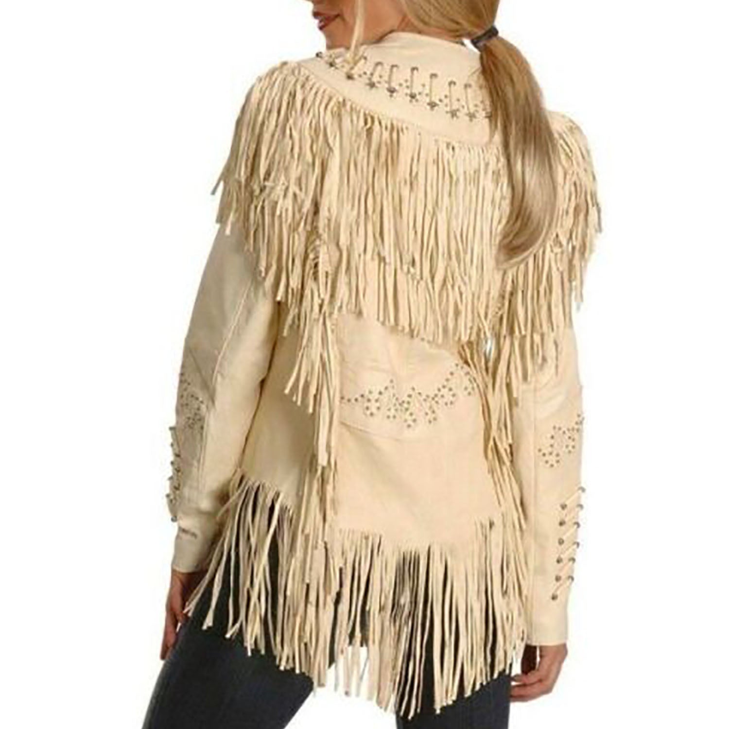Cowgirl Beige Leather Fringes Bone work Jacket side view
