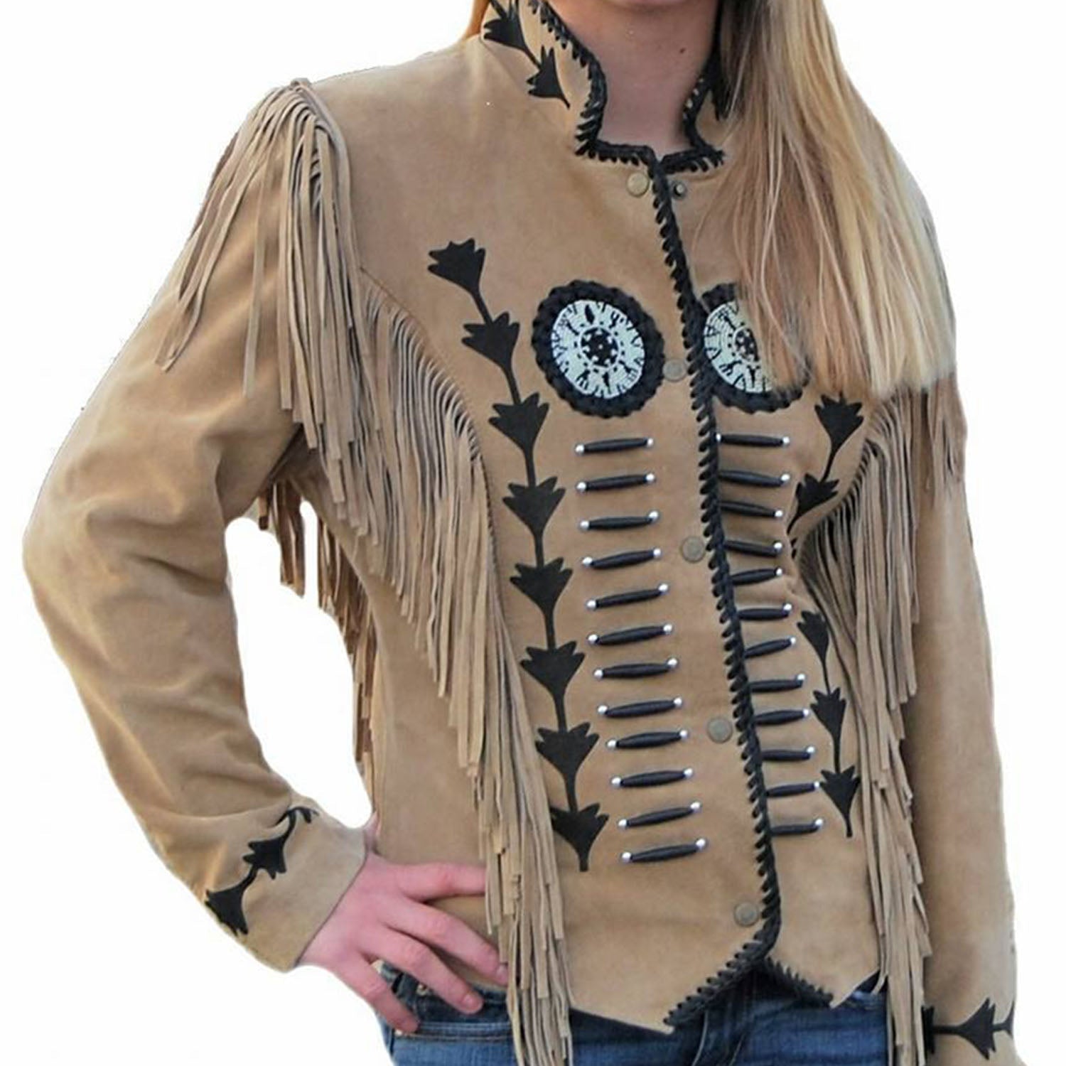 Cowgirl Beige Suede Leather Fringes Bone Beaded Jacket front view