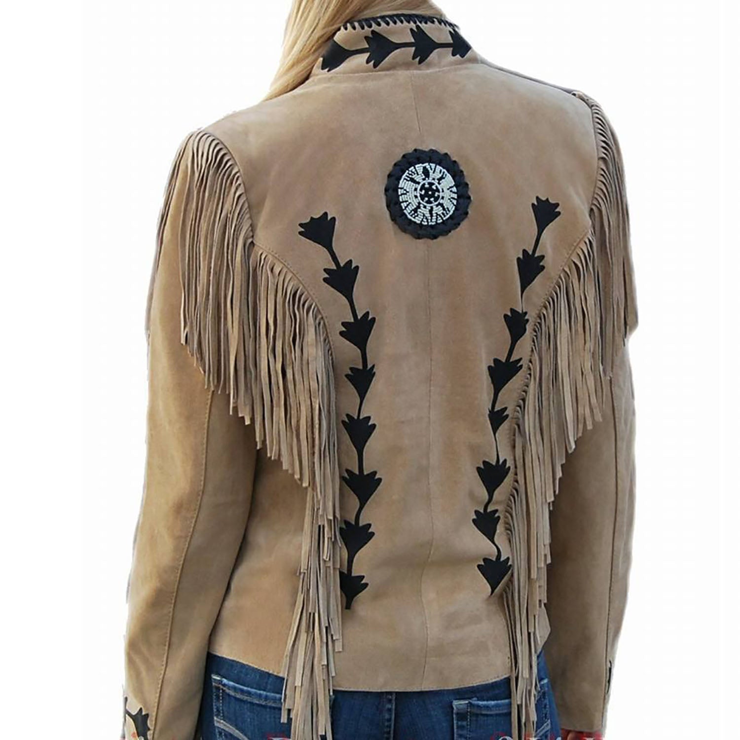 Cowgirl Beige Suede Leather Fringes Bone Beaded Jacket side view