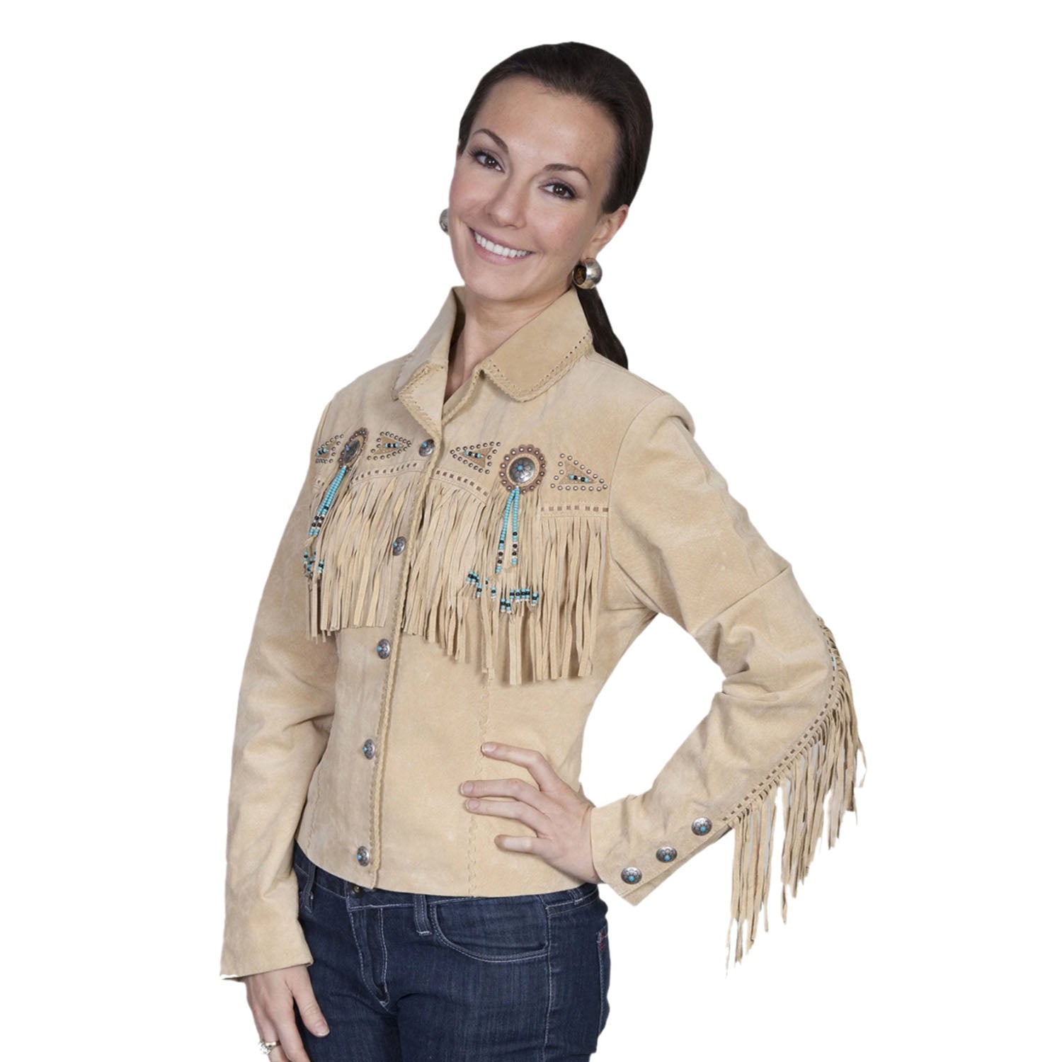 Cowgirl Beige Suede Leather Fringes & Concho Jacket front view