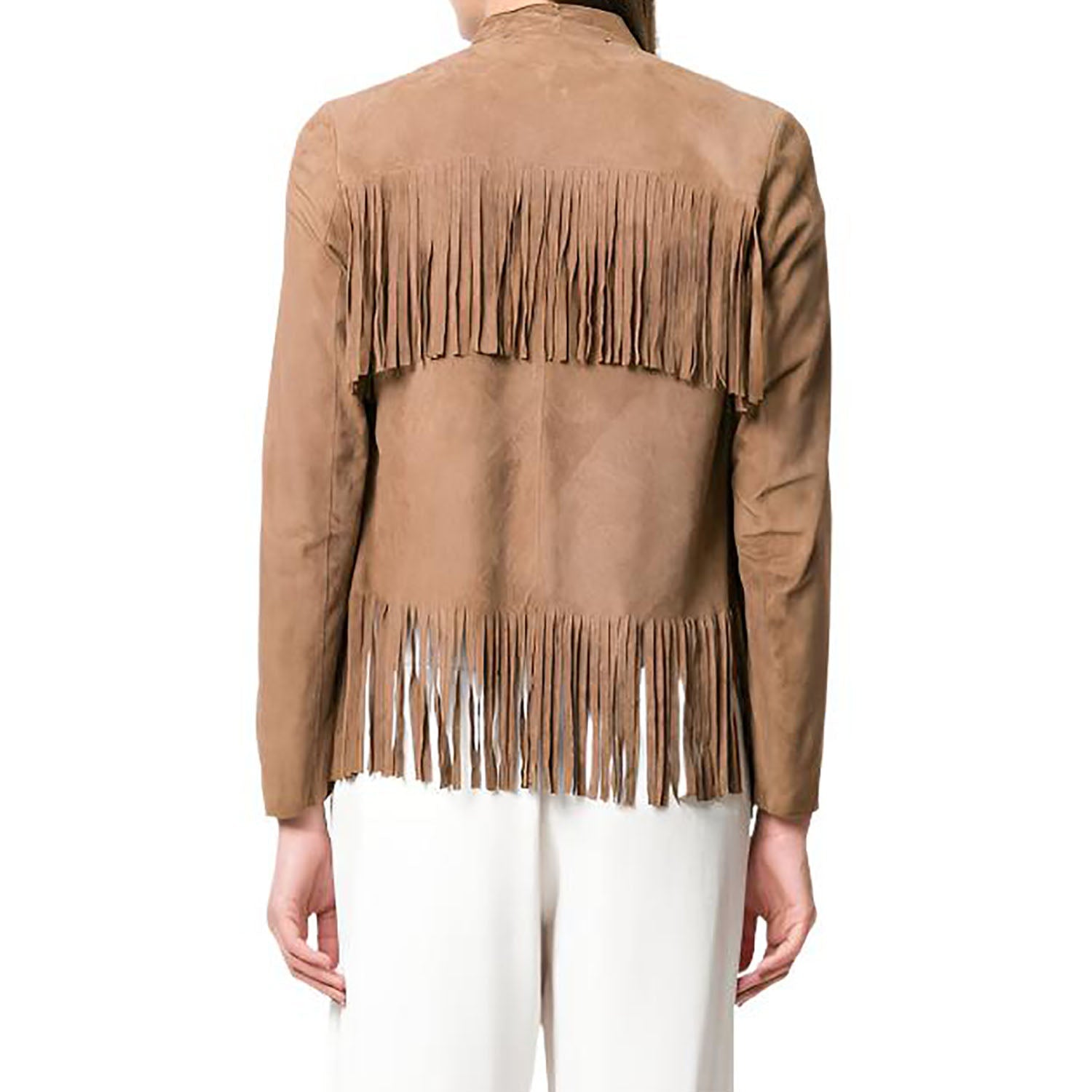 Cowgirl Beige Suede Leather Fringes Jacket side view