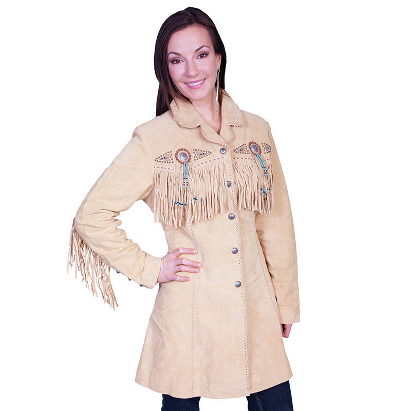 Cowgirl Beige Suede Leather Fringes Jacket Coat front view