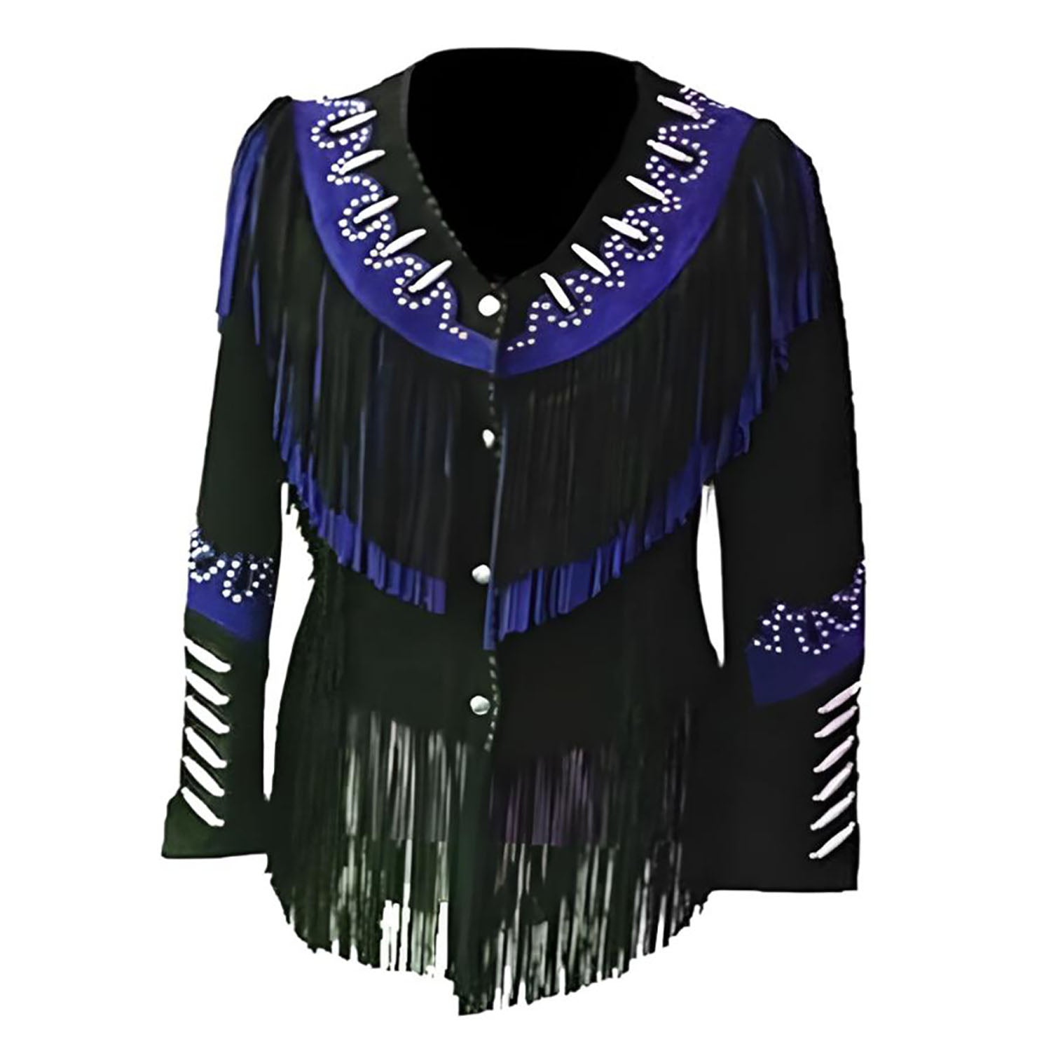 Cowgirl Black & Blue Suede Leather Fringes Silver Stud Jacket front view