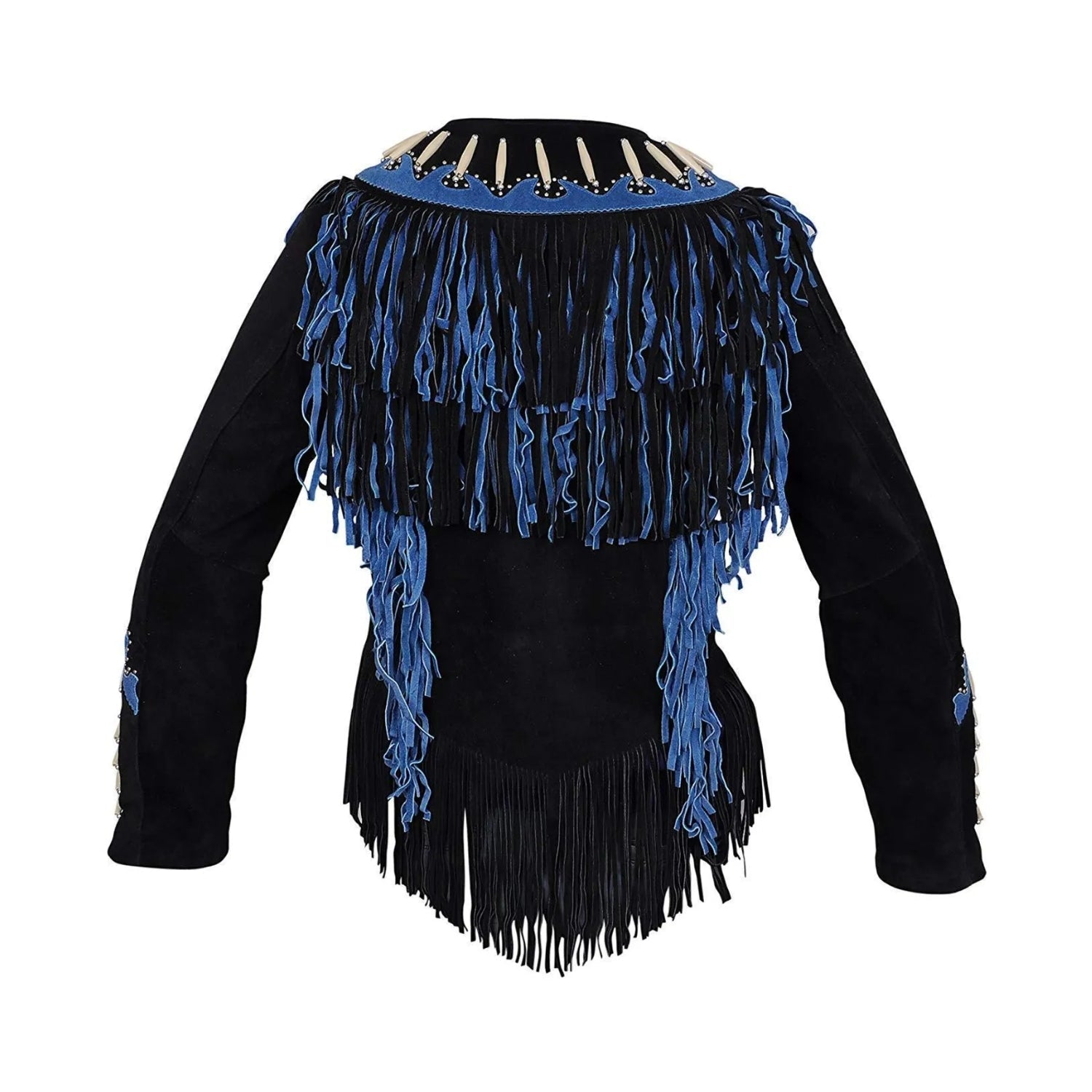 Cowgirl Black & Blue Suede Leather Fringes Silver Stud Jacket side view