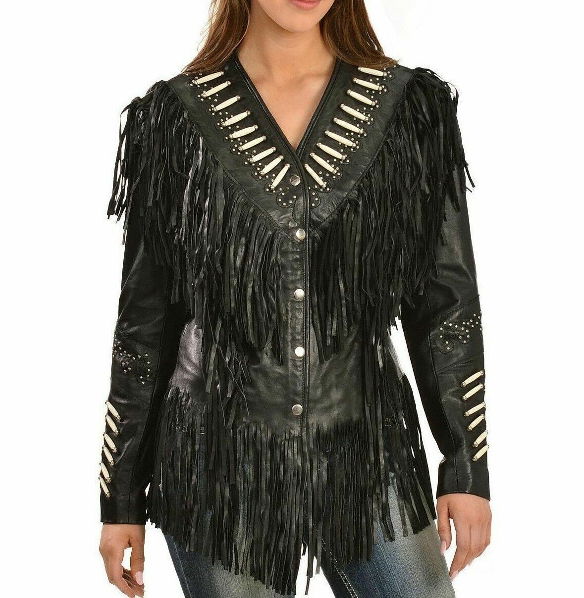 Cowgirl Black Leather Bones Fringes Jacket front view
