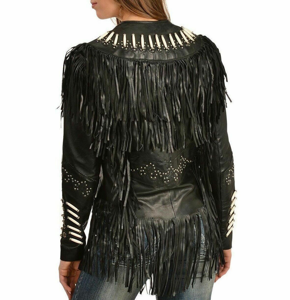 Cowgirl Black Leather Bones Fringes Jacket side view