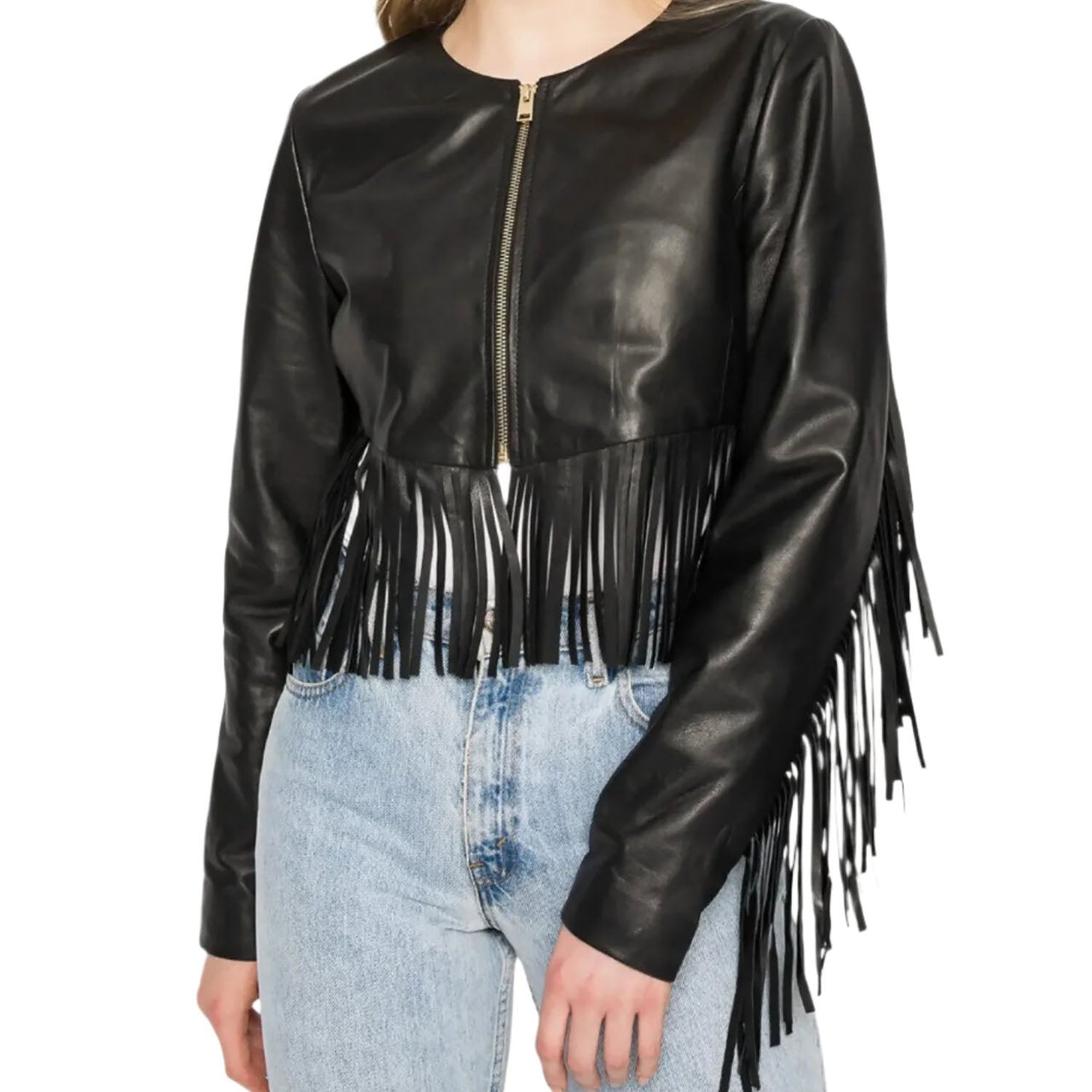 Cowgirl Black Leather Fringe Biker Jacket front view