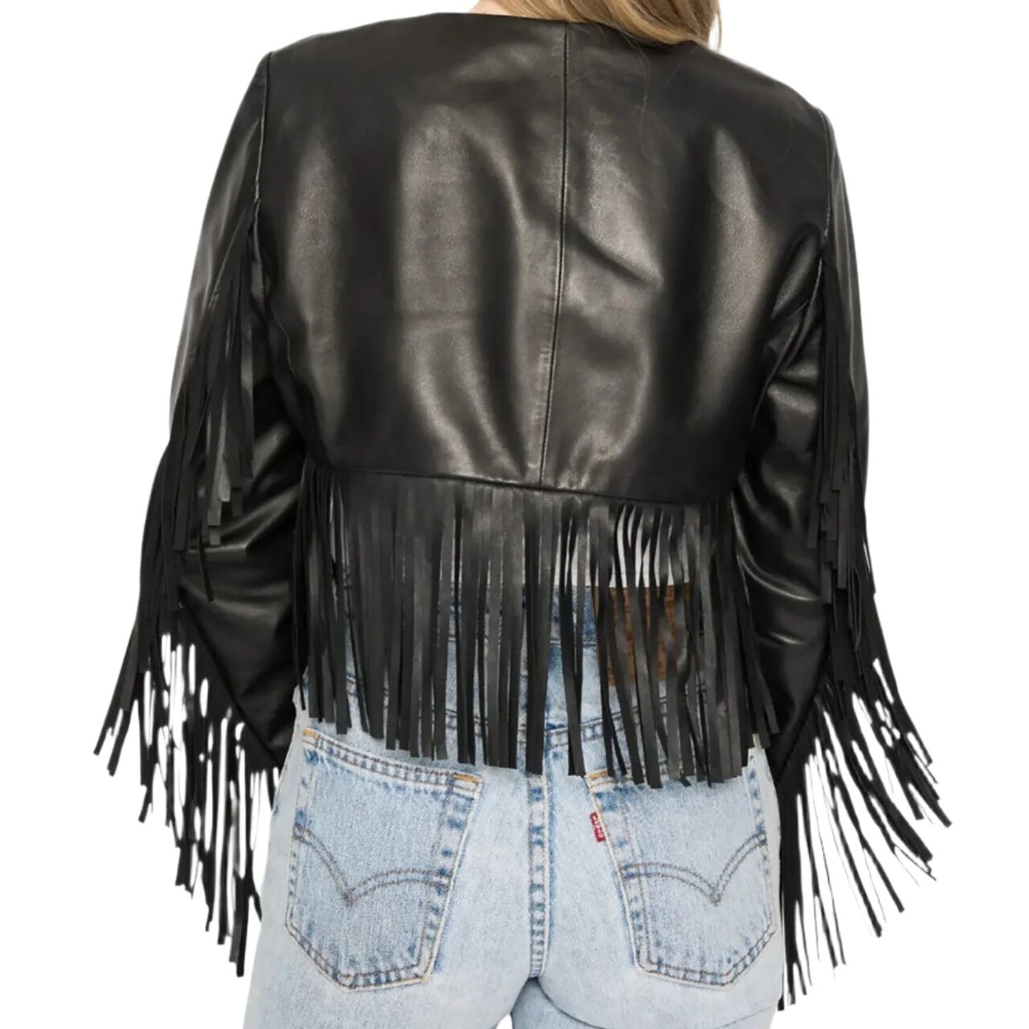 Cowgirl Black Leather Fringe Biker Jacket side view