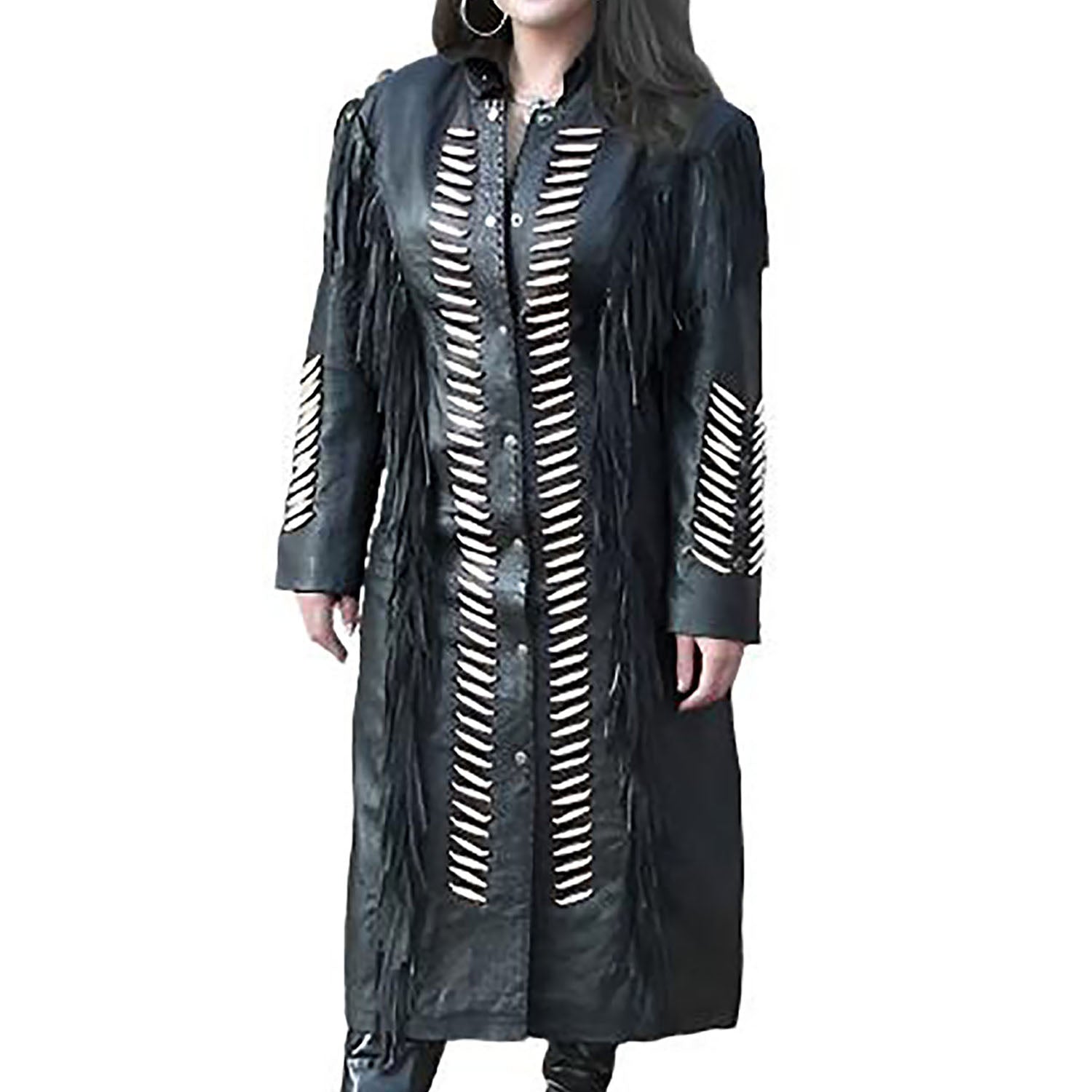 Cowgirl Black Leather Fringe Bone Beaded Long Coat Dress front view