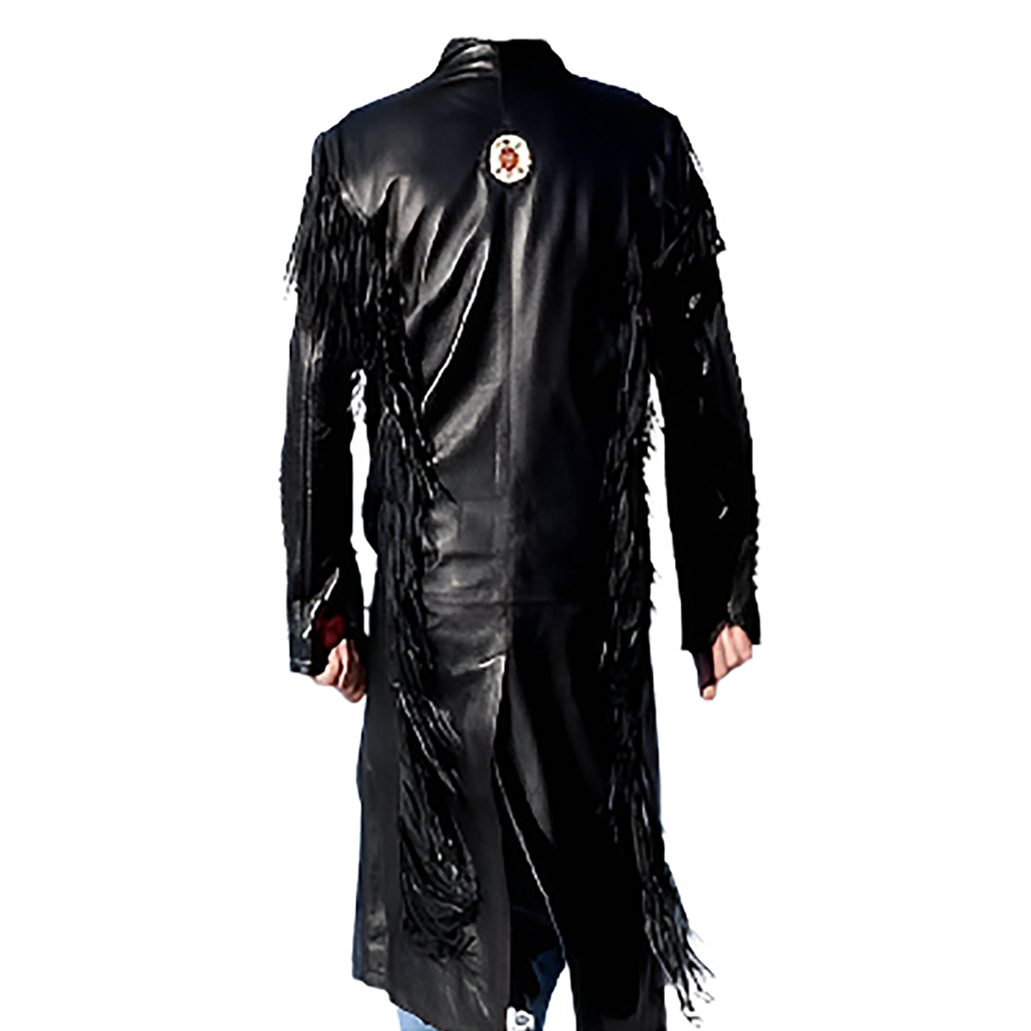 Cowgirl Black Leather Fringe Bone Beaded Long Coat Dress side view