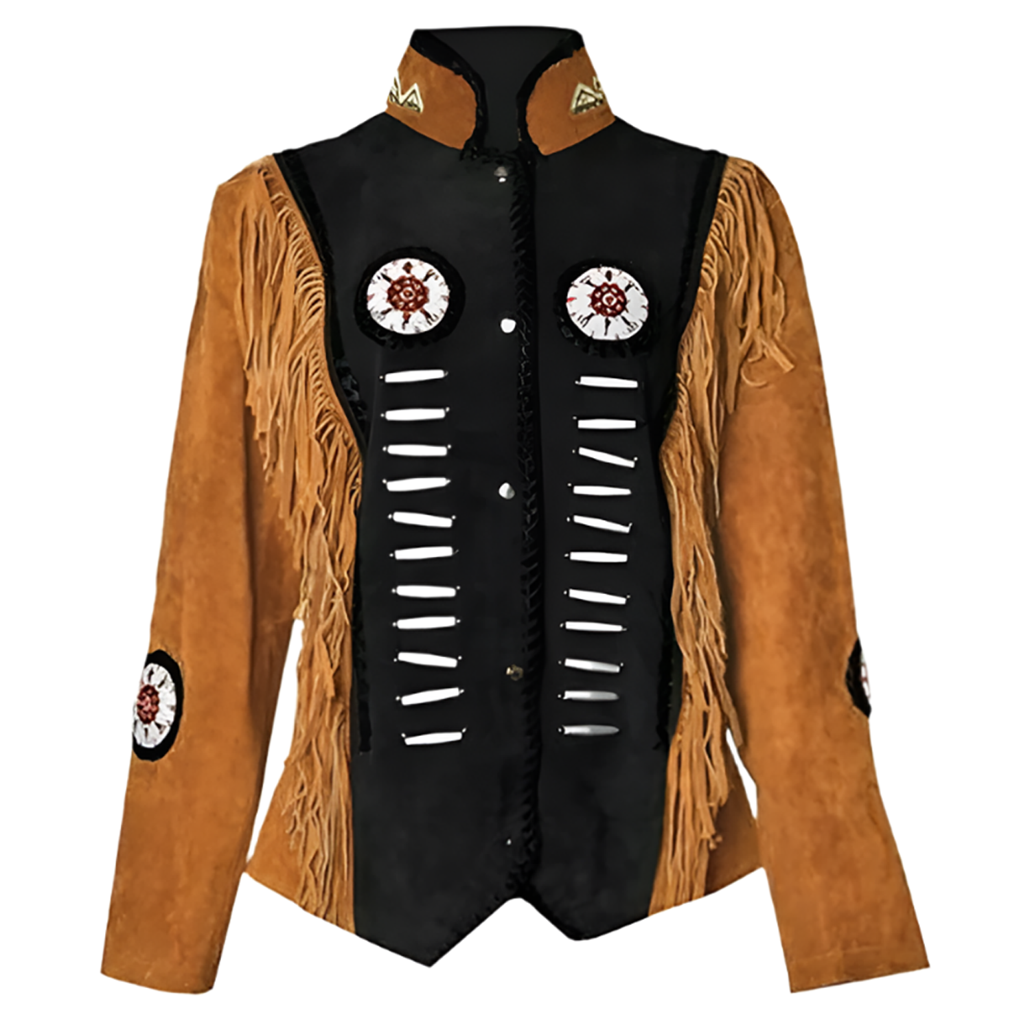 Cowgirl Black Suede Leather Brown Fringe Bone Beaded Jacket front view