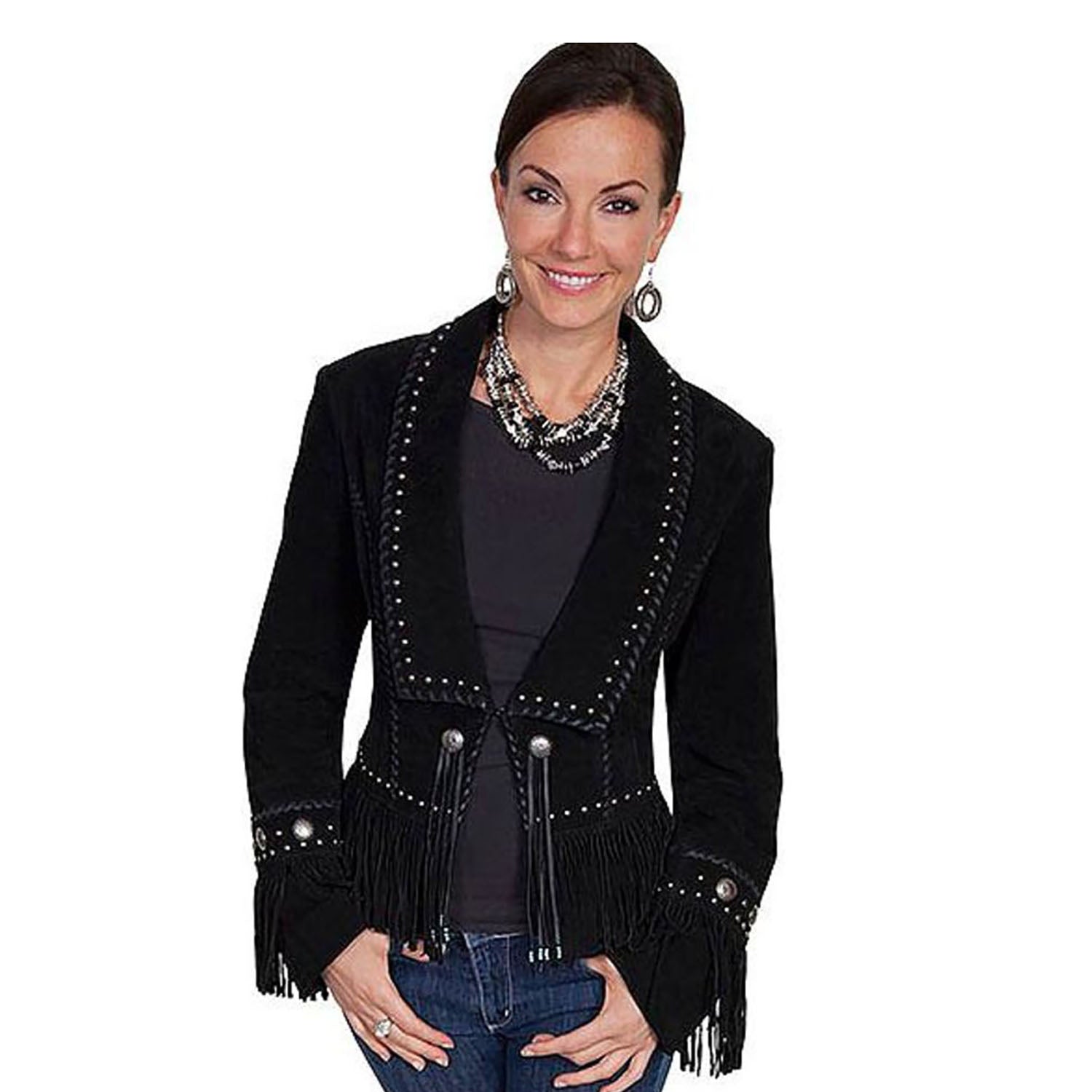 Cowgirl Black Suede Leather Fringe Concho Jacket front view