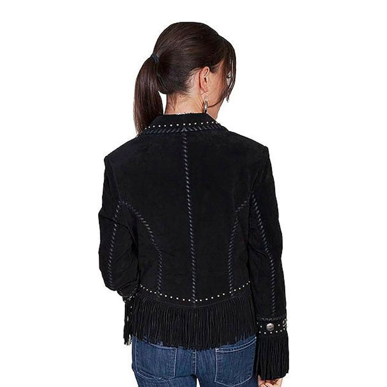 Cowgirl Black Suede Leather Fringe Concho Jacket side view