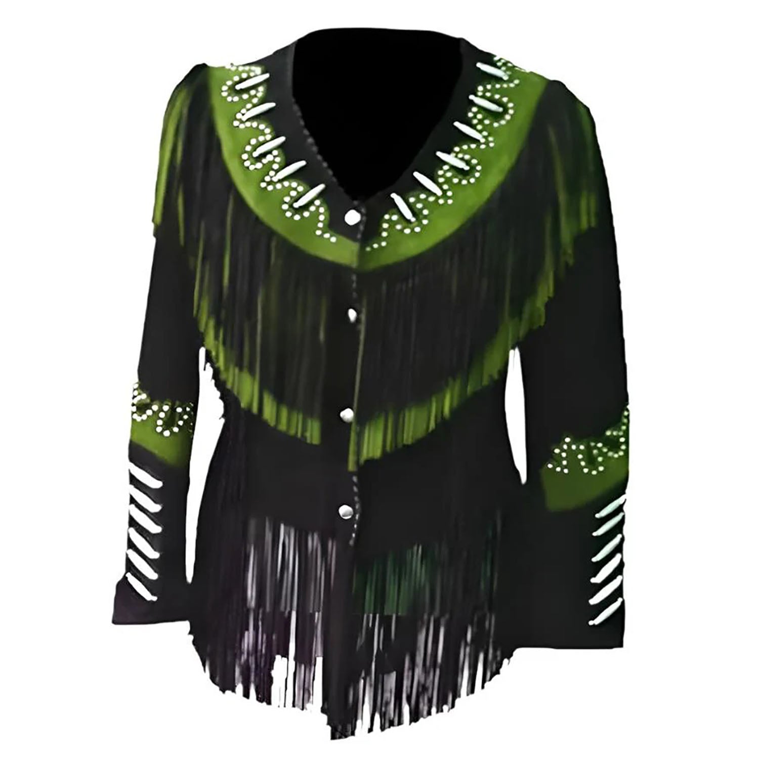 Cowgirl Black Suede Leather Fringes Silver Studded Jacket front view