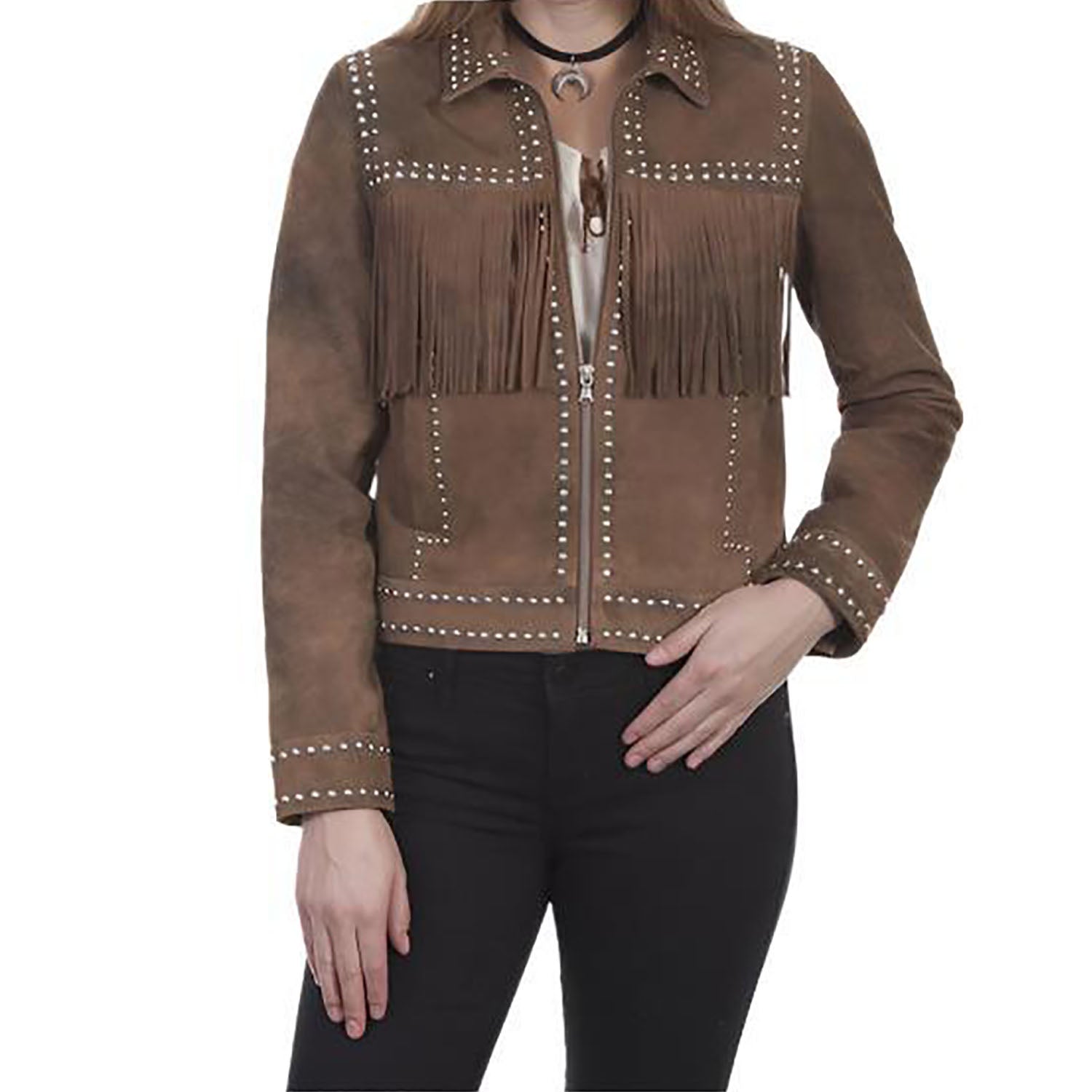 Cowgirl Brown Leather Fringes Silver Stud Jacket front view