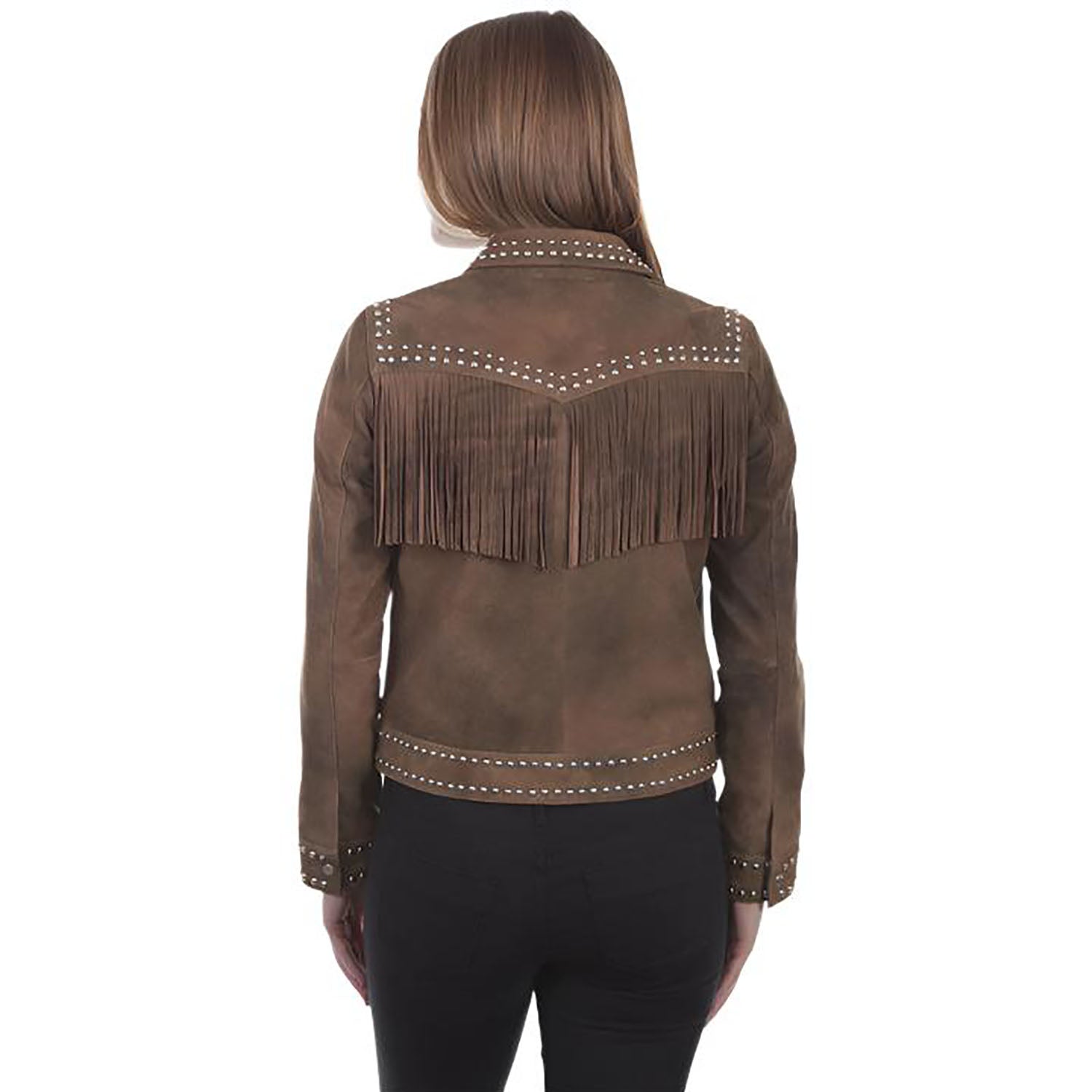 Cowgirl Brown Leather Fringes Silver Stud Jacket side view