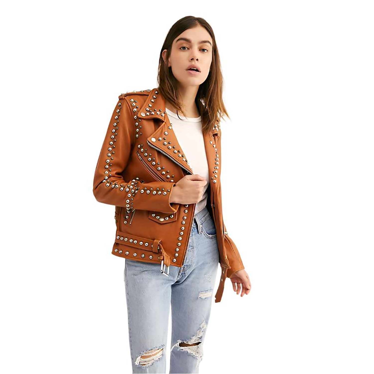 Cowgirl Brown Leather Silver Studded Biker Jacket front view