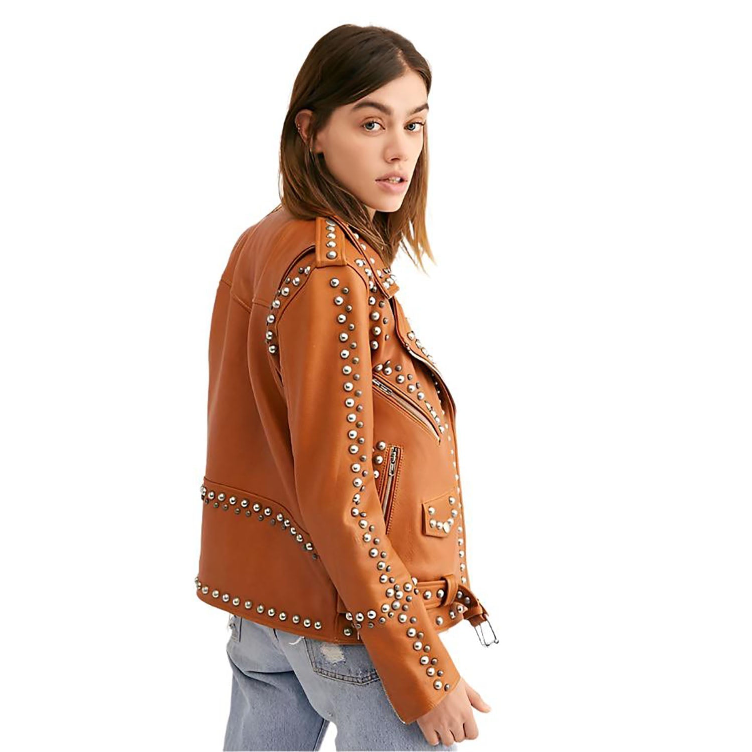 Cowgirl Brown Leather Silver Studded Biker Jacket side view