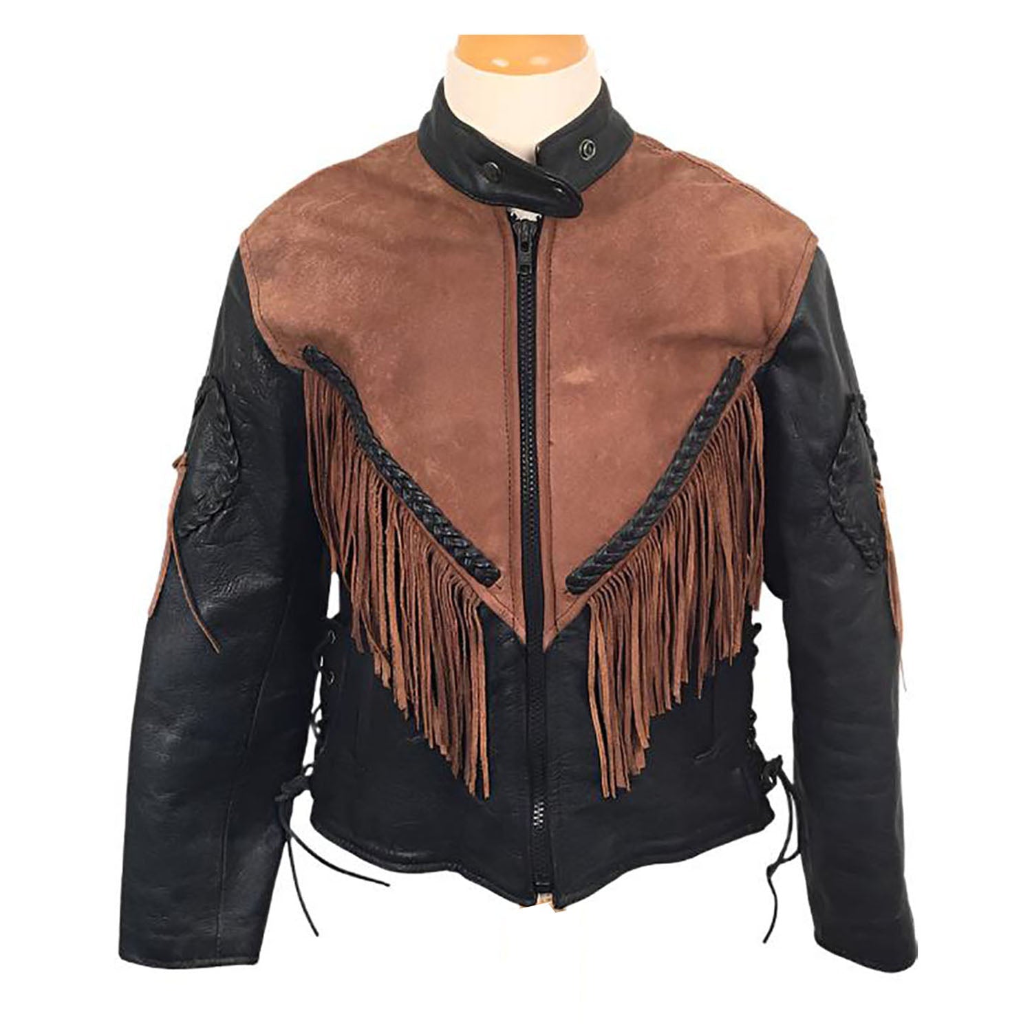Cowgirl Brown Suede & Black Leather Fringe Biker Jacket front view
