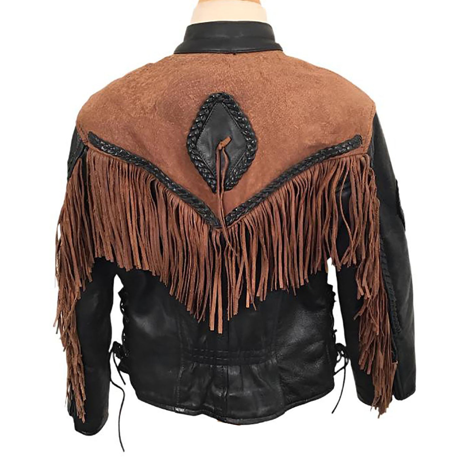 Cowgirl Brown Suede & Black Leather Fringe Biker Jacket side view
