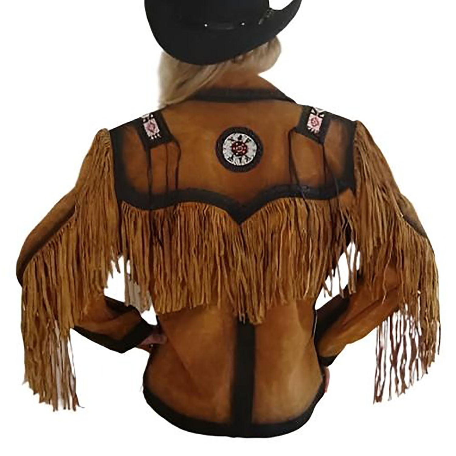 Cowgirl Brown Suede Leather Fringe Beaded Jacket side view