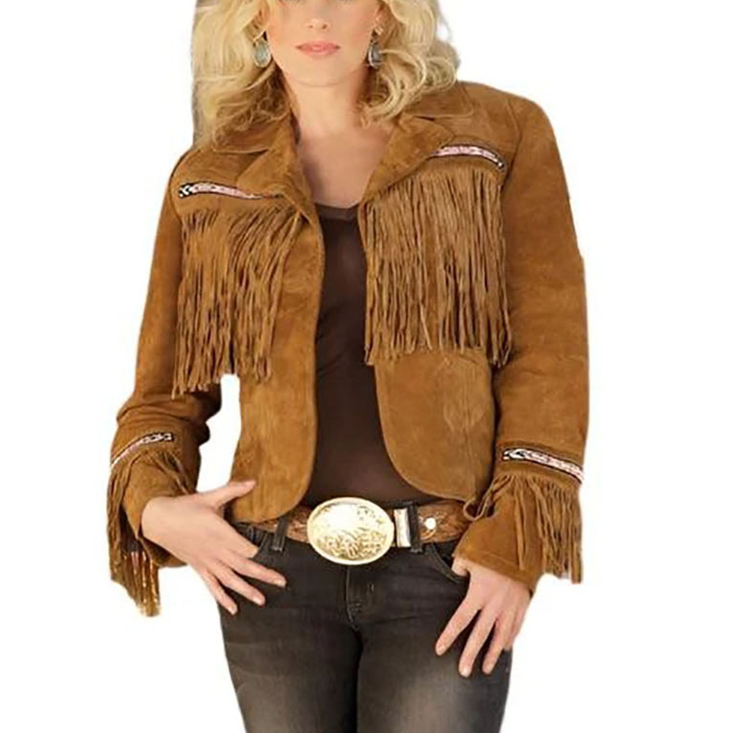 Cowgirl Brown Suede Leather Fringe Beaded Jacket front view