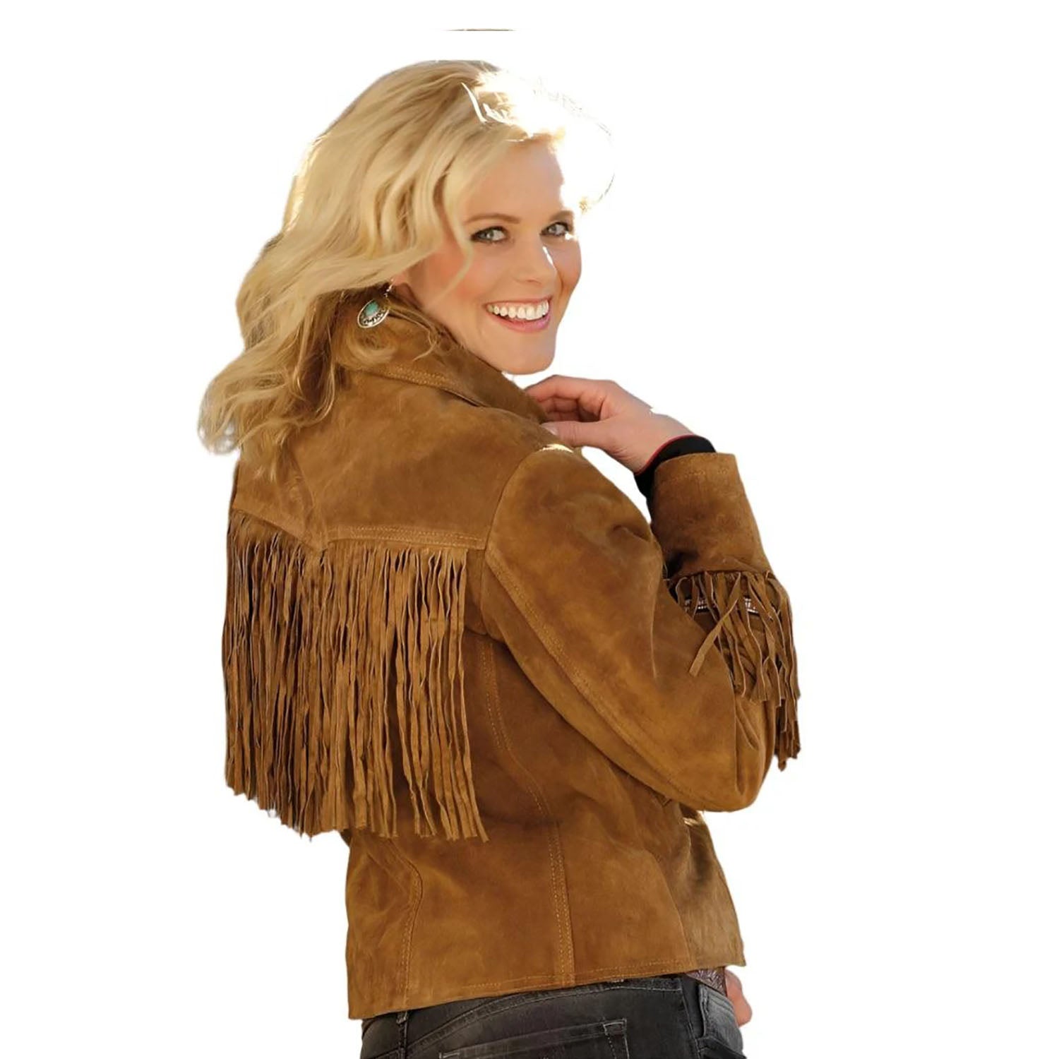 Cowgirl Brown Suede Leather Fringe Beaded Jacket side view
