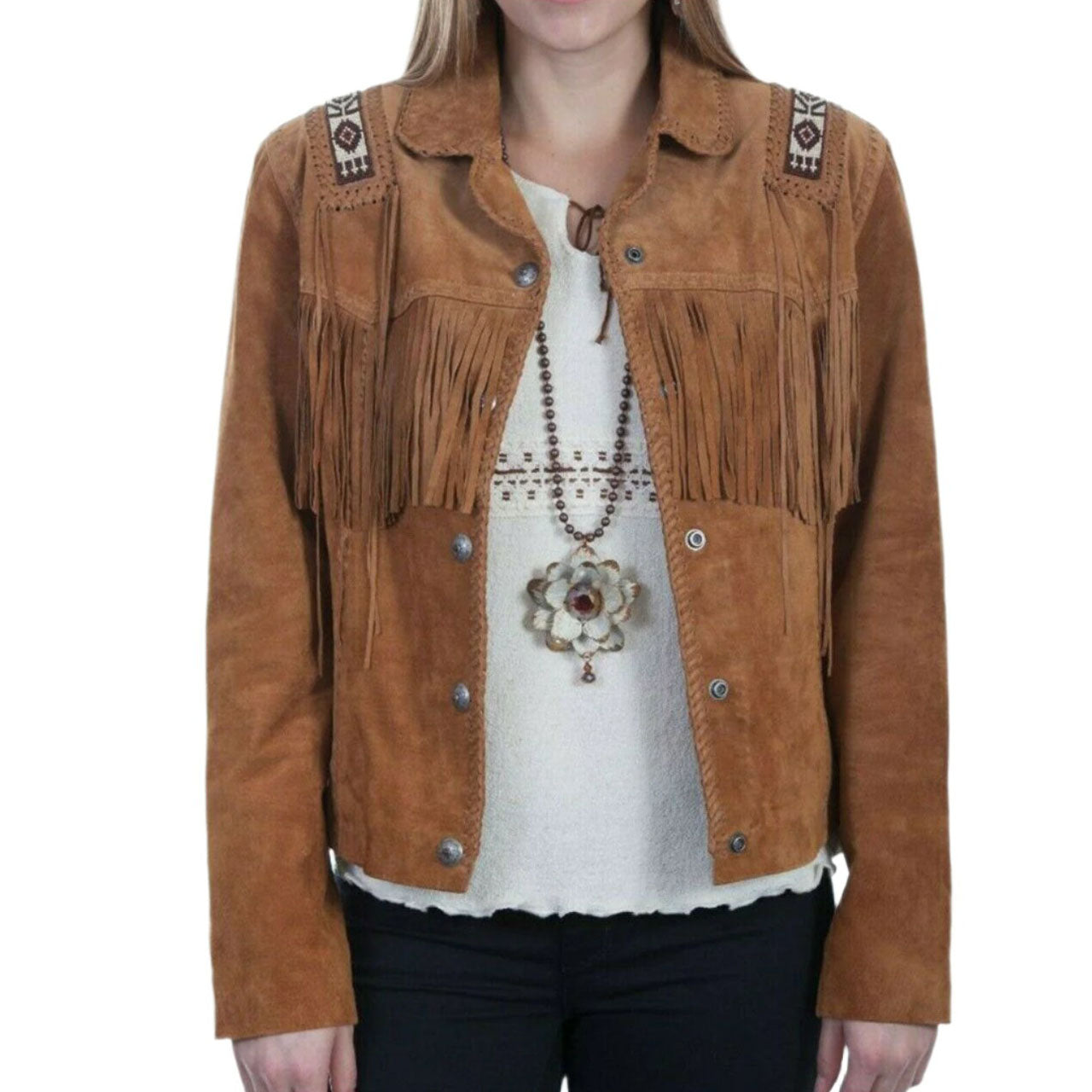 Cowgirl Brown Suede Leather Fringe Beaded Jacket front view