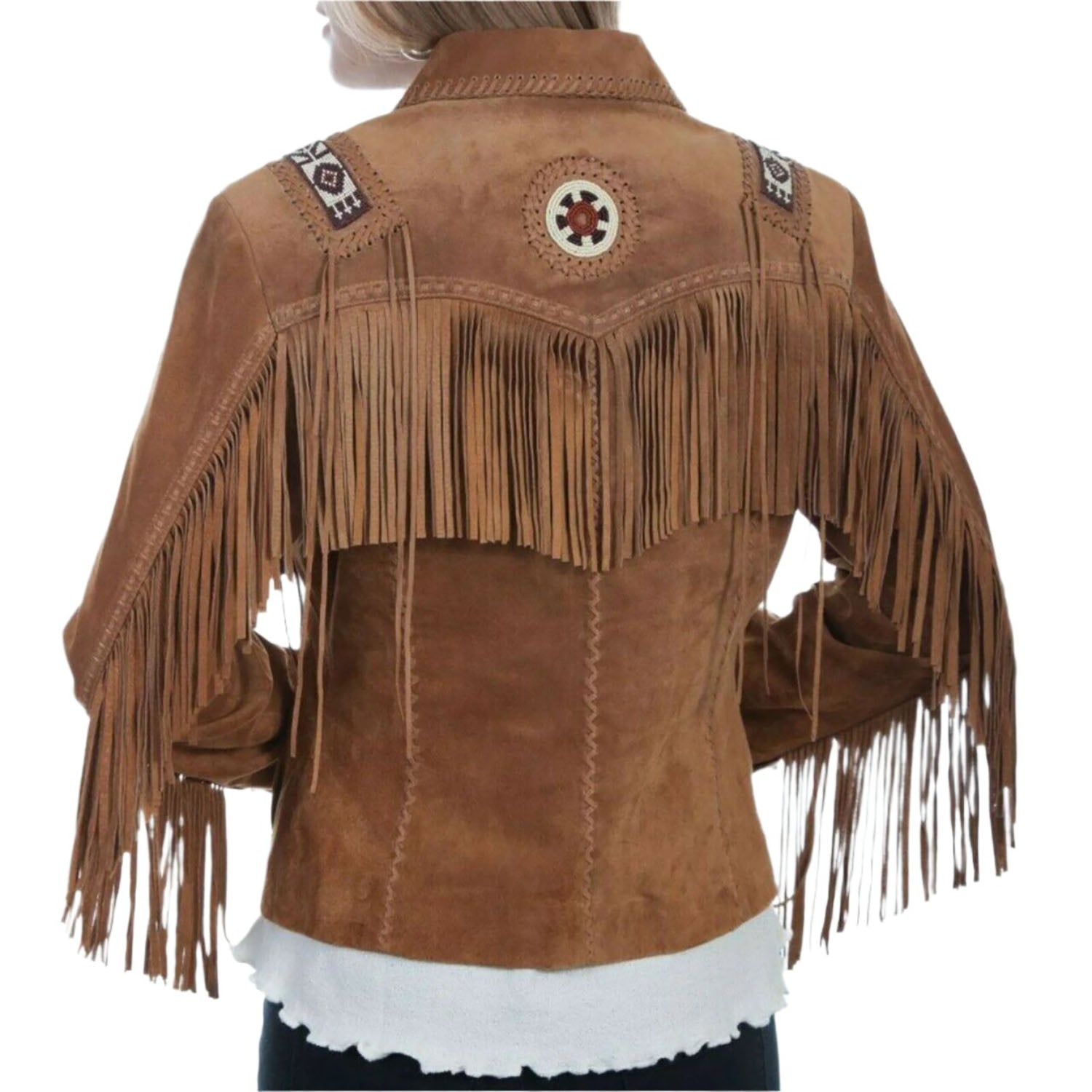 Cowgirl Brown Suede Leather Fringe Beaded Jacket side view