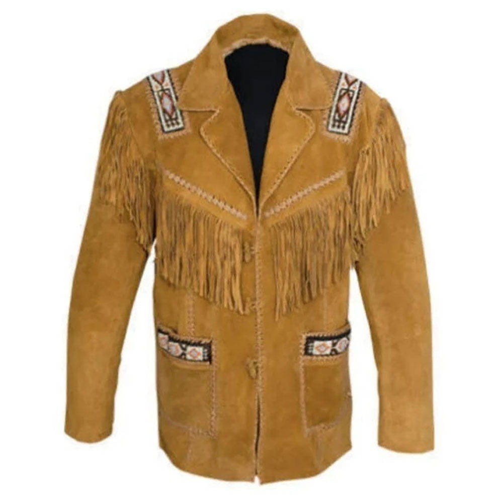 Cowgirl Brown Suede Leather Fringe Beaded Jacket front view