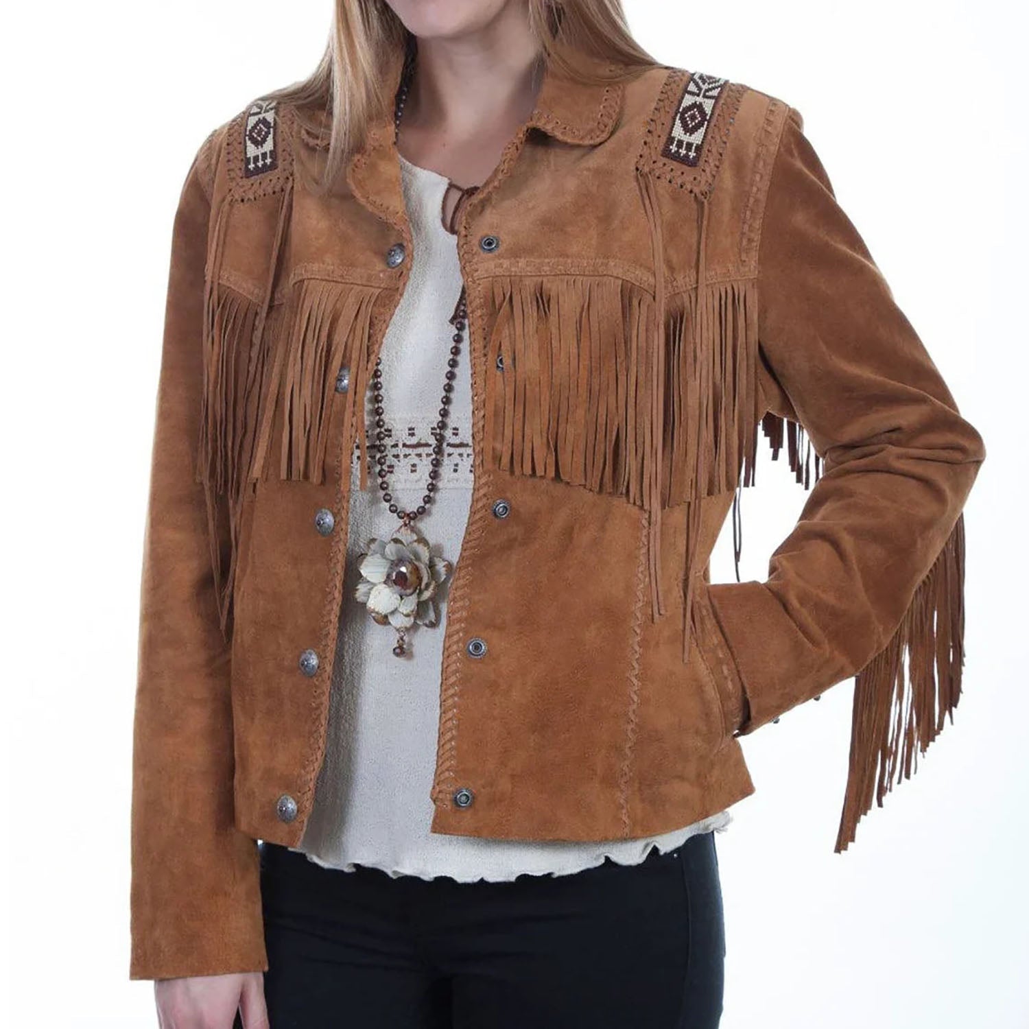 Cowgirl Brown Suede Leather Fringe Beaded Jacket front view