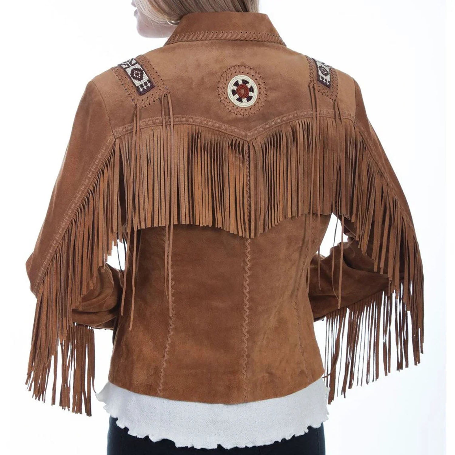 Cowgirl Brown Suede Leather Fringe Beaded Jacket side view
