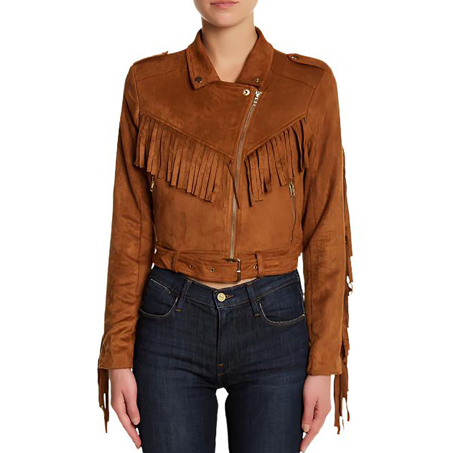 Cowgirl Brown Suede Leather Fringe Biker Jacket front view