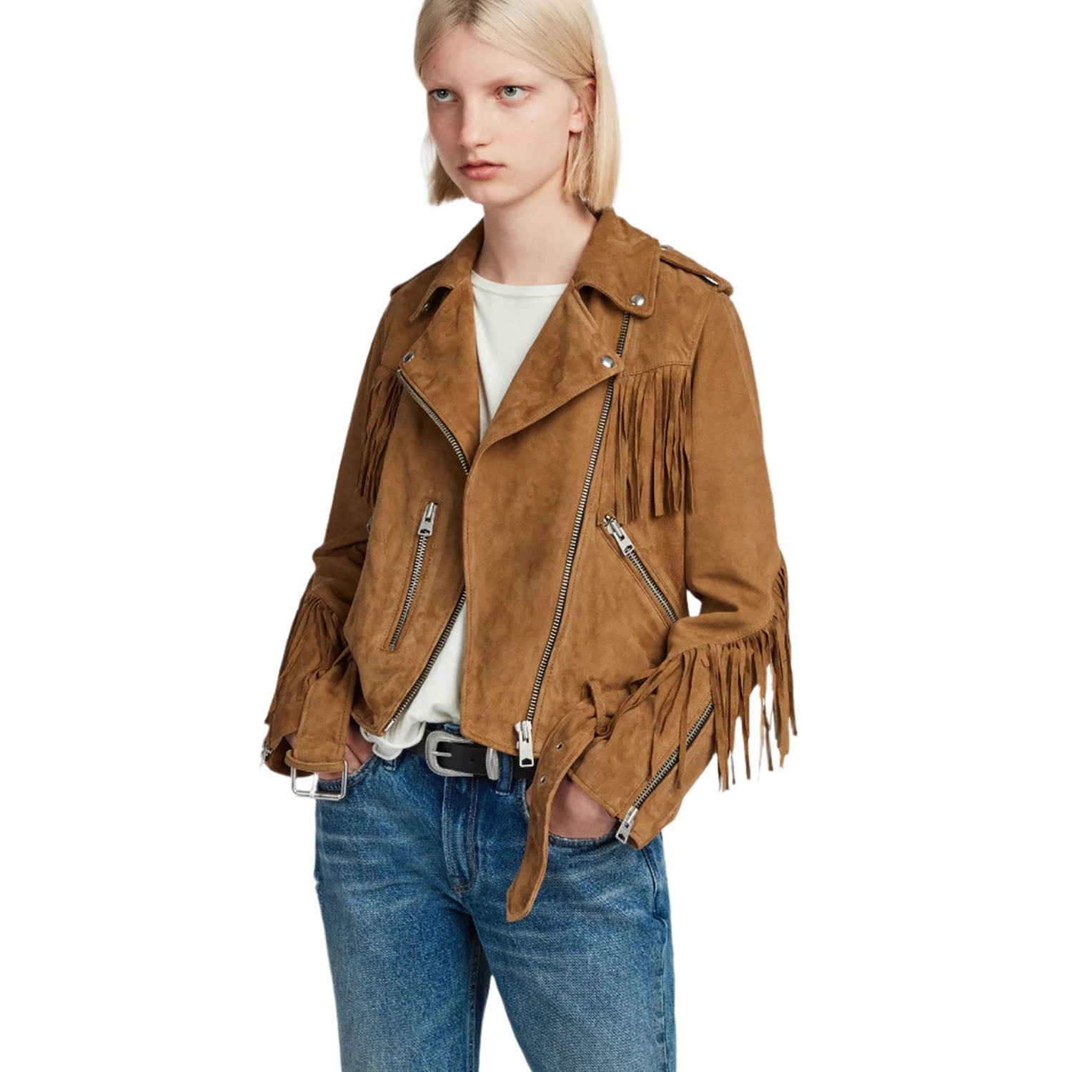 Cowgirl Brown Suede Leather Fringe Biker Jacket front view