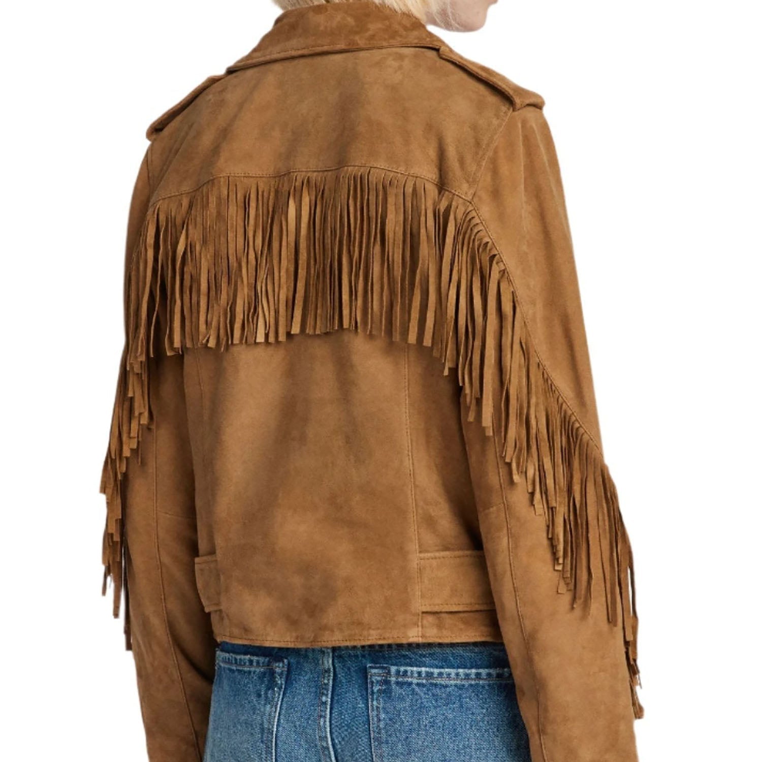 Cowgirl Brown Suede Leather Fringe Biker Jacket side view