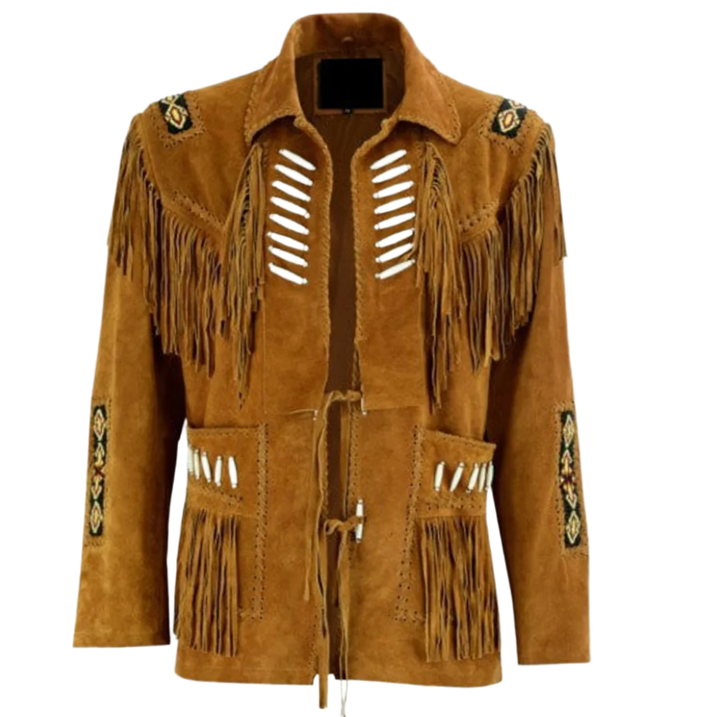 Cowgirl Brown Suede Leather Fringe Bone Beads Jacket front view