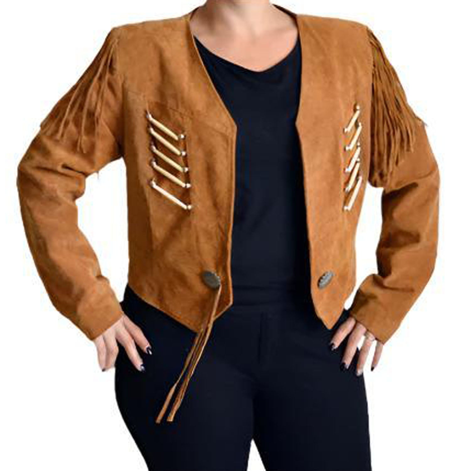 Cowgirl Brown Suede Leather Fringe Bone Work Jacket front view