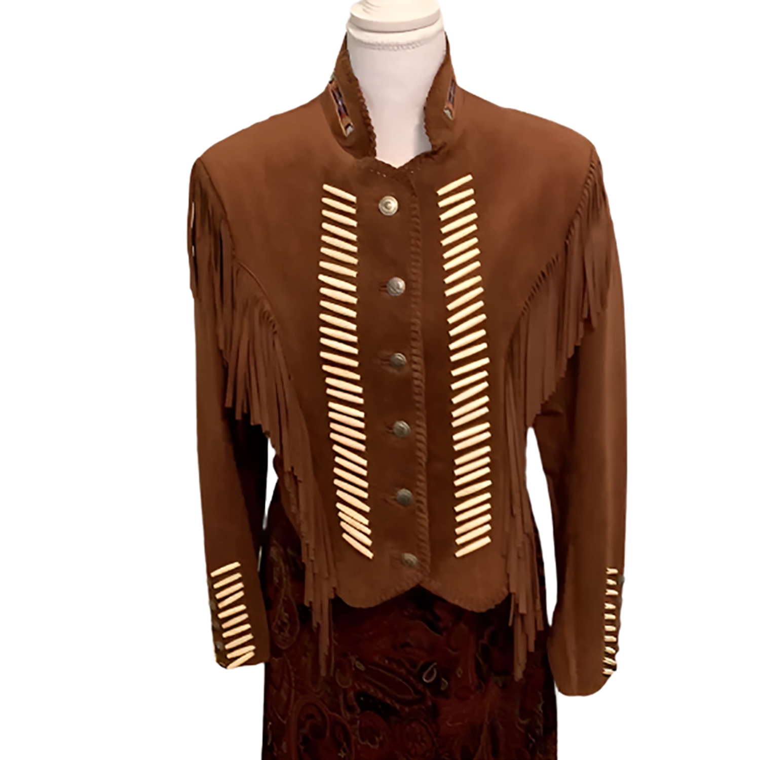 Cowgirl Brown Suede Leather Fringe Bone Work Jacket Warrior Style front view