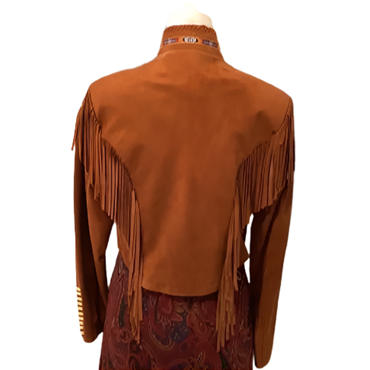 Cowgirl Brown Suede Leather Fringe Bone Work Jacket Warrior Style side view