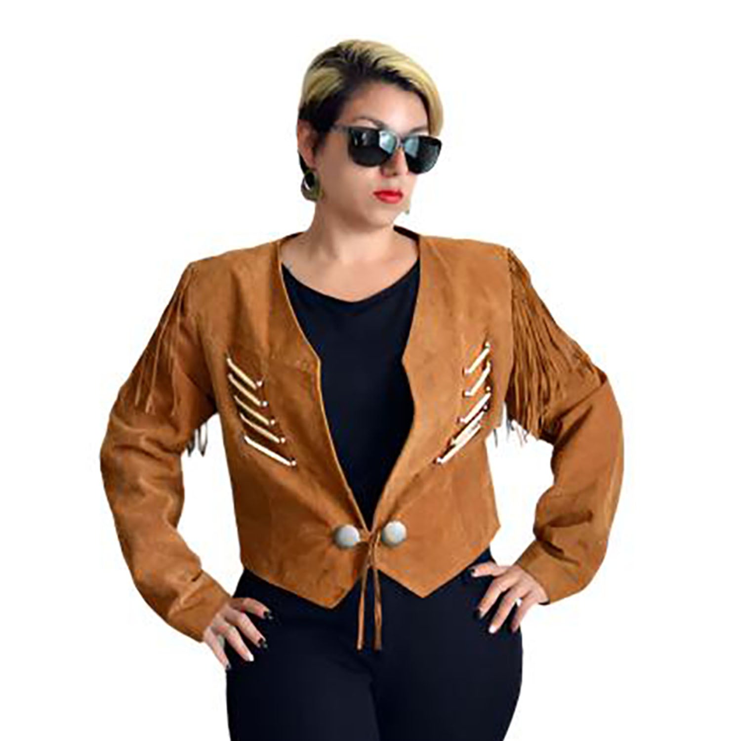 Cowgirl Brown Suede Leather Fringe & Bone work Jacket front view