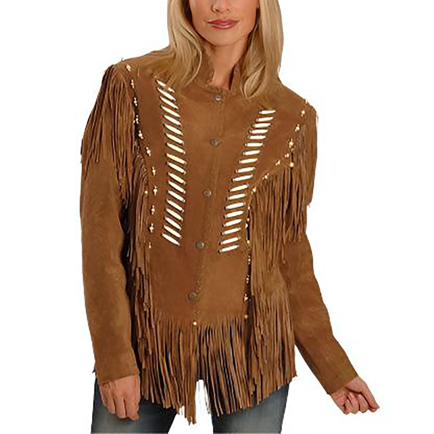 Cowgirl Brown Suede Leather Fringe Bones Jacket front view