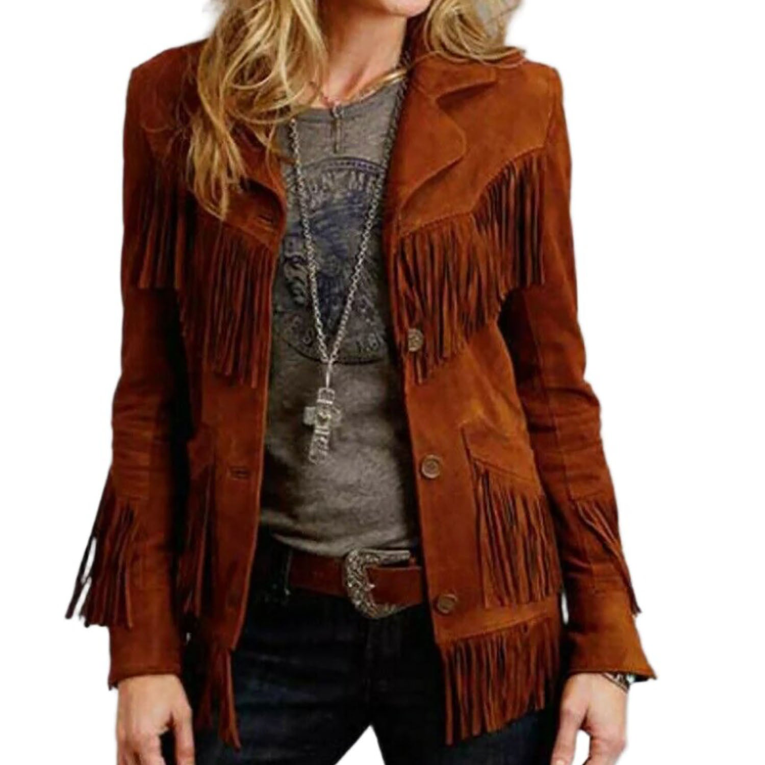 Cowgirl Brown Suede Leather Fringe Jacket front view
