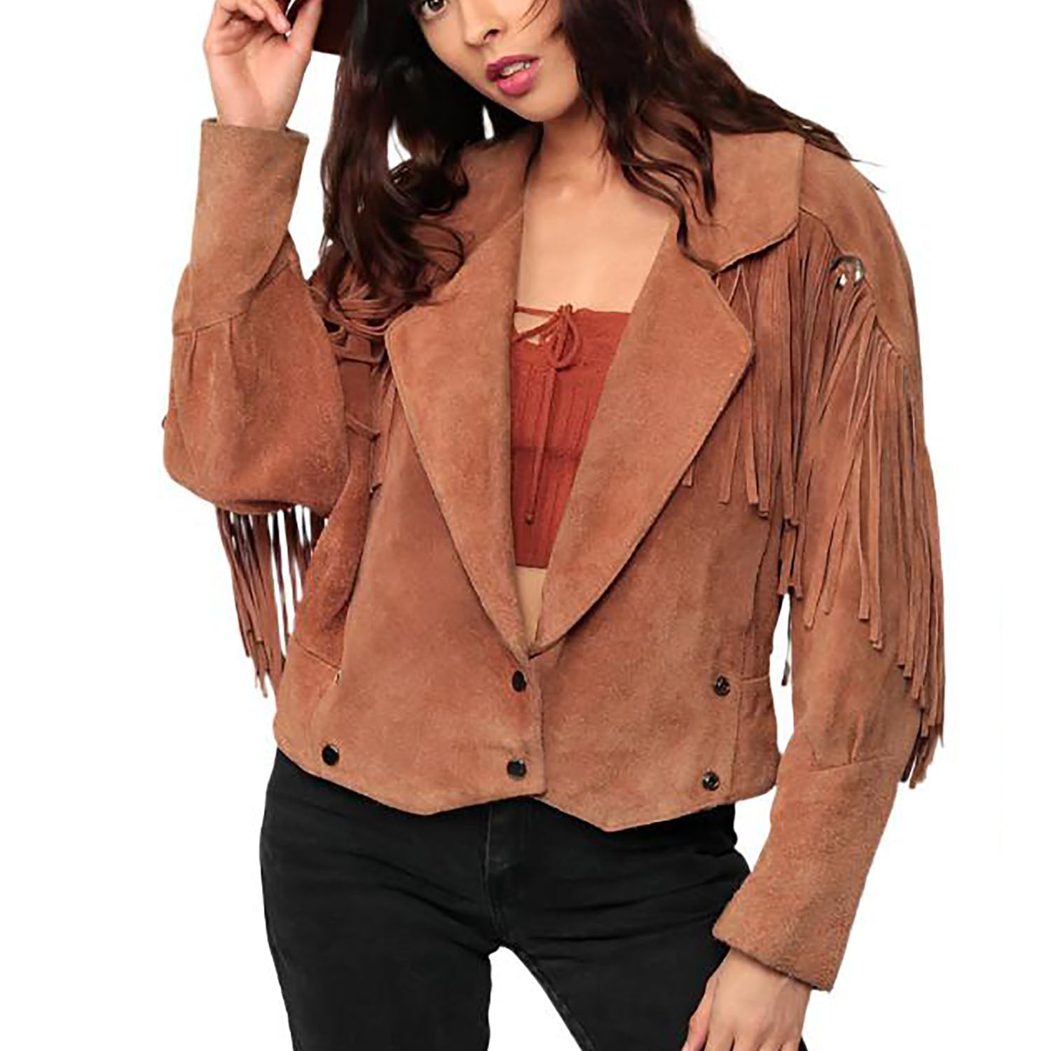 Cowgirl Brown Suede Leather Fringe Jacket front view